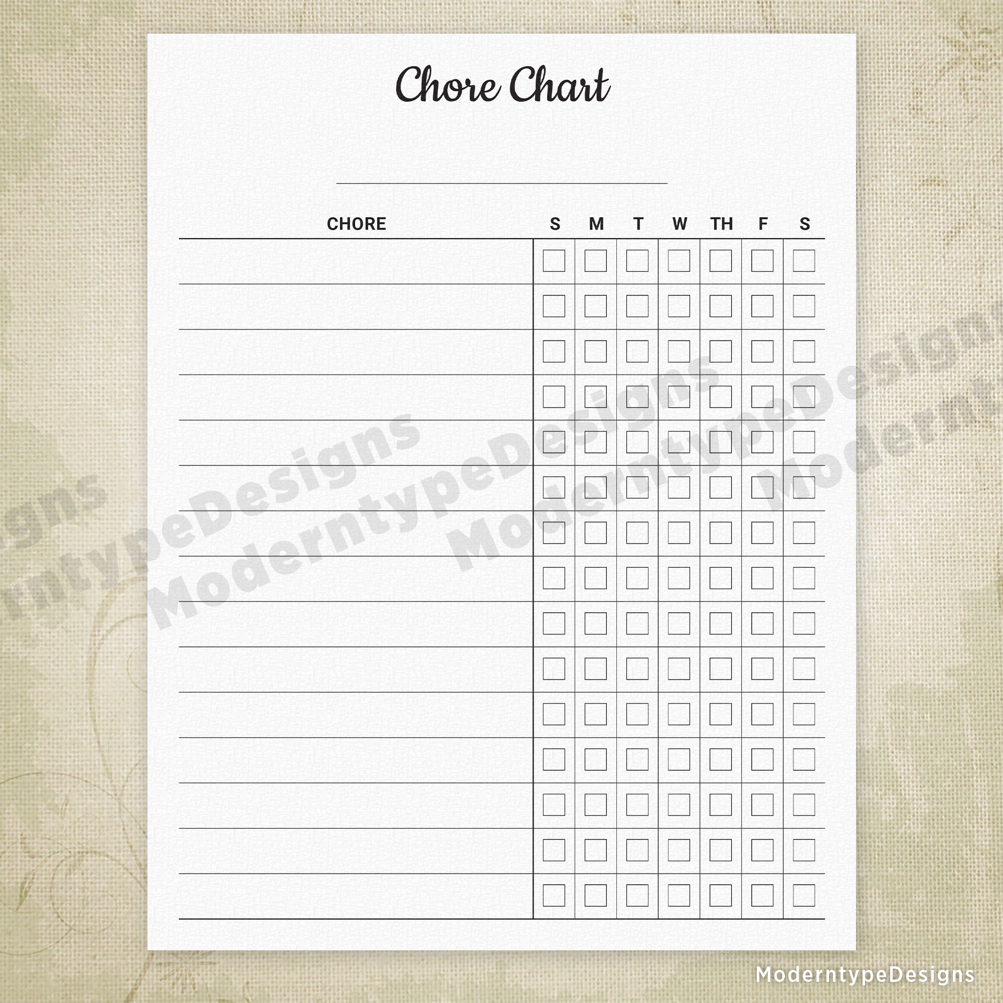 Chore Chart Printable Form, Editable