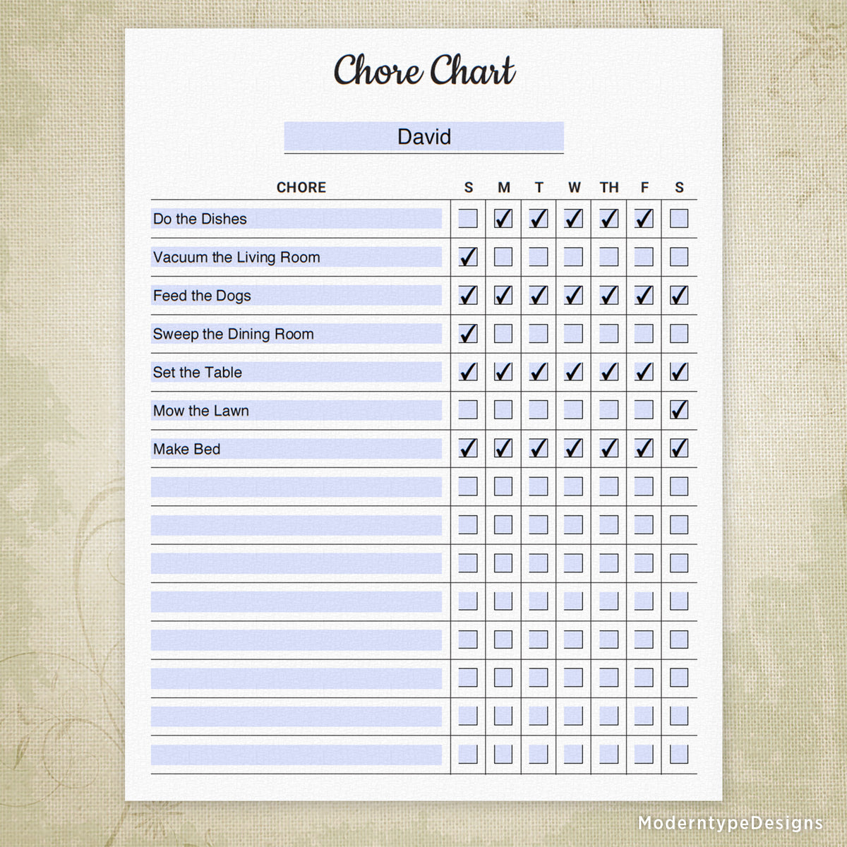 Chore Chart Printable Form, Editable