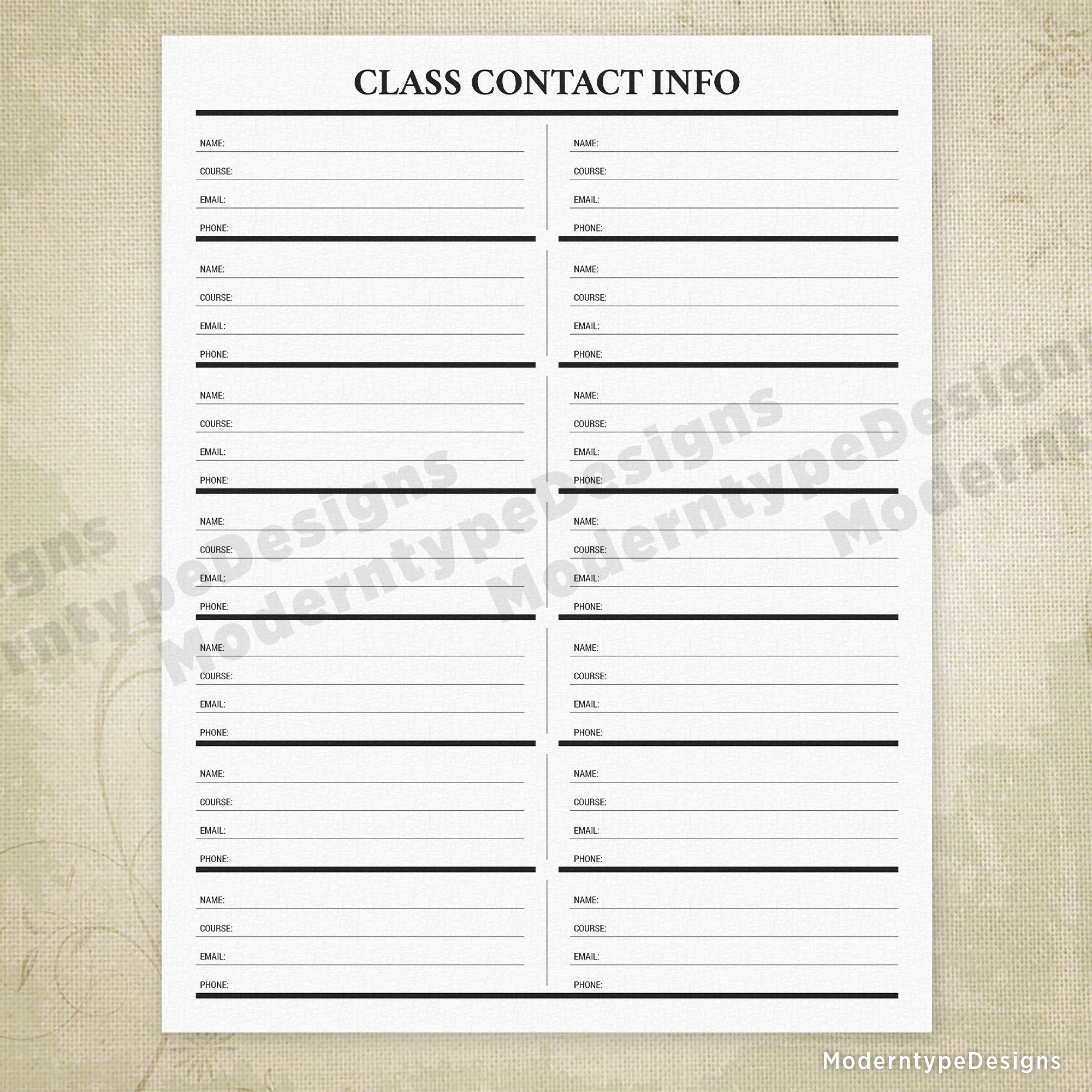 Class Contact Info Printable
