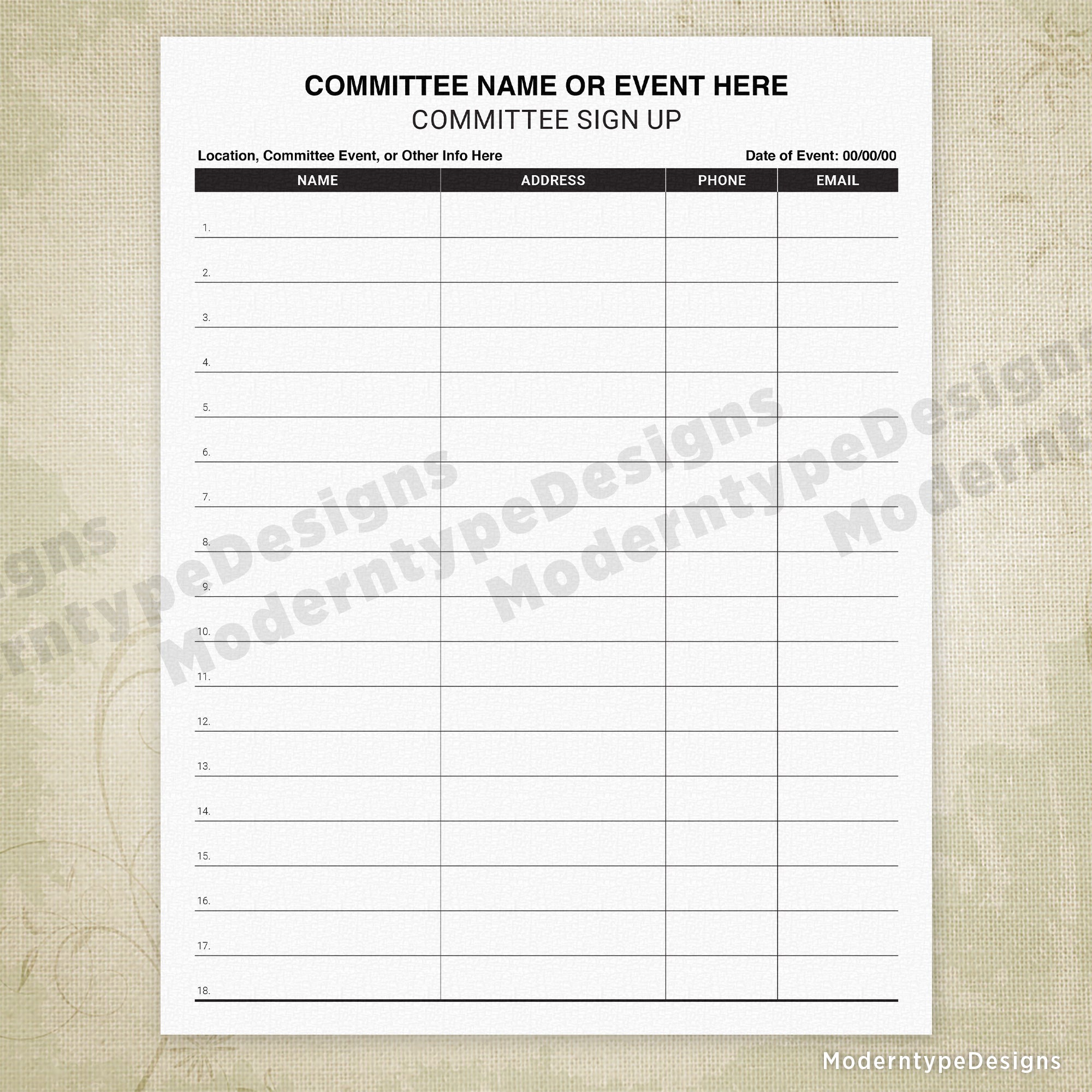 Committee Sign Up Printable Form, Personalized