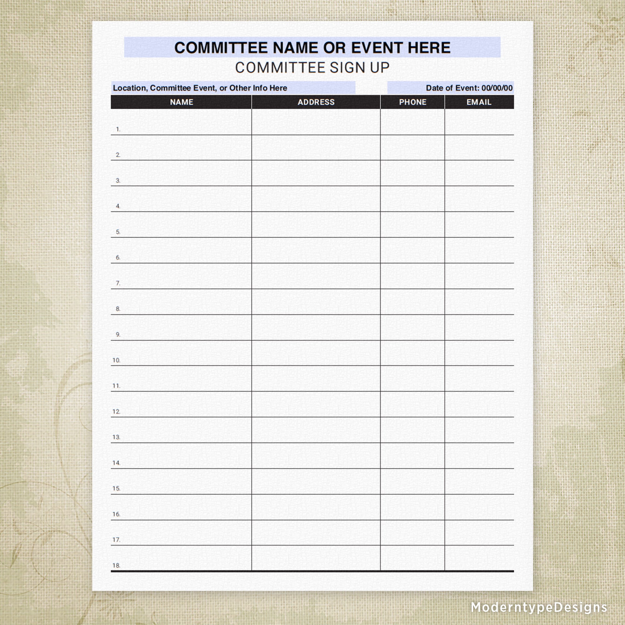 Committee Sign Up Printable Form, Personalized