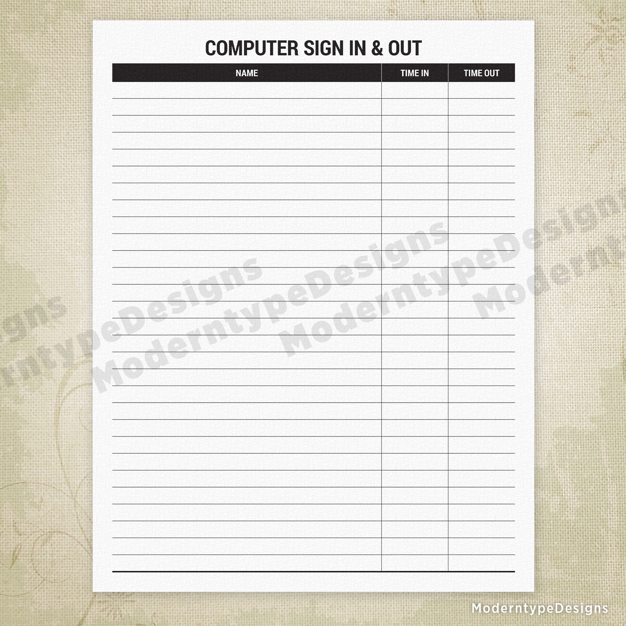 Computer Sign In & Out Printable Form