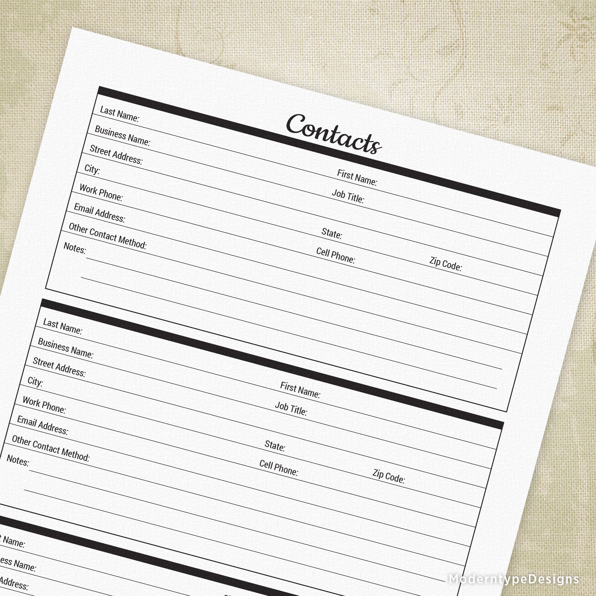 Contacts Page Printable