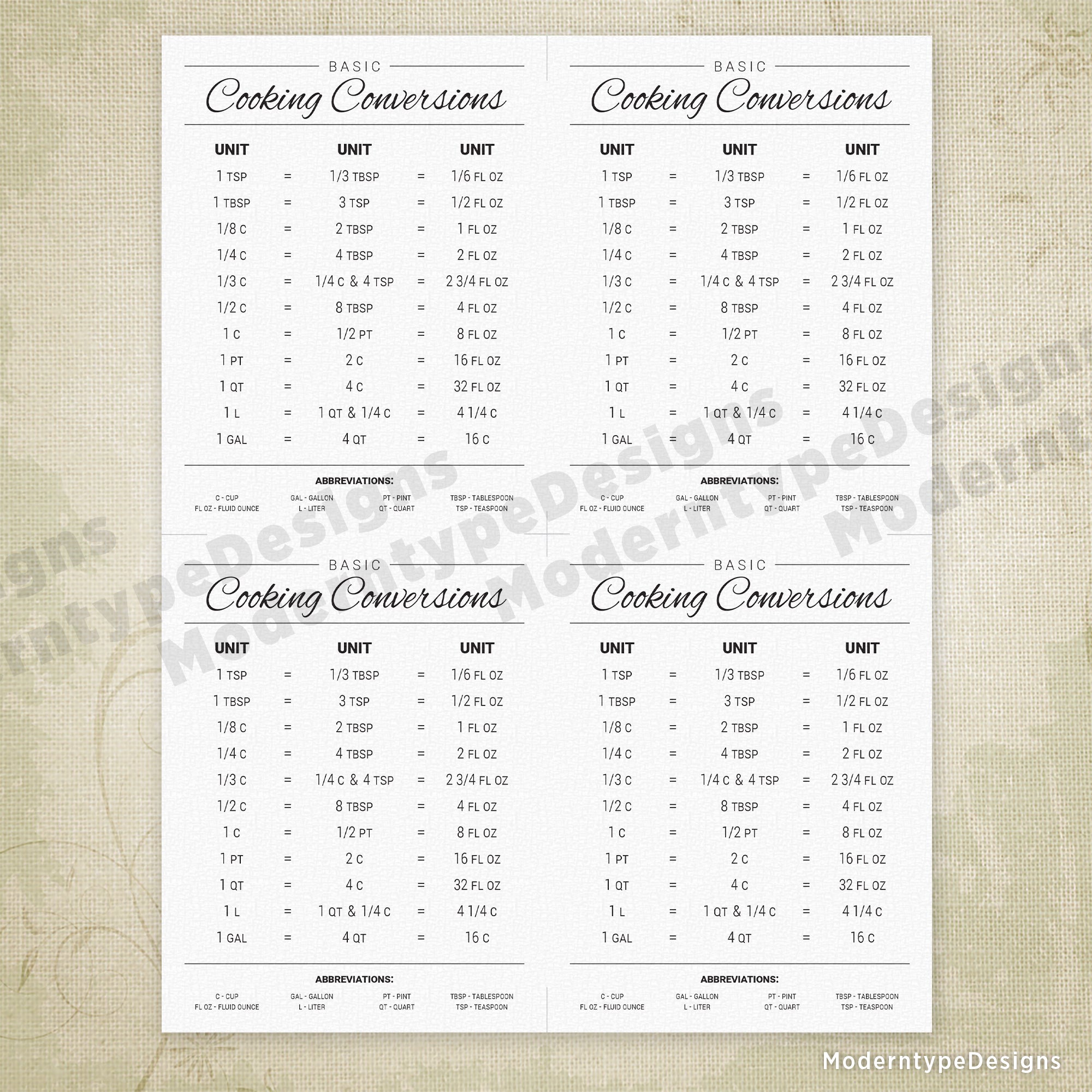Basic Cooking Conversions Printable, 4.25 x 5.5"