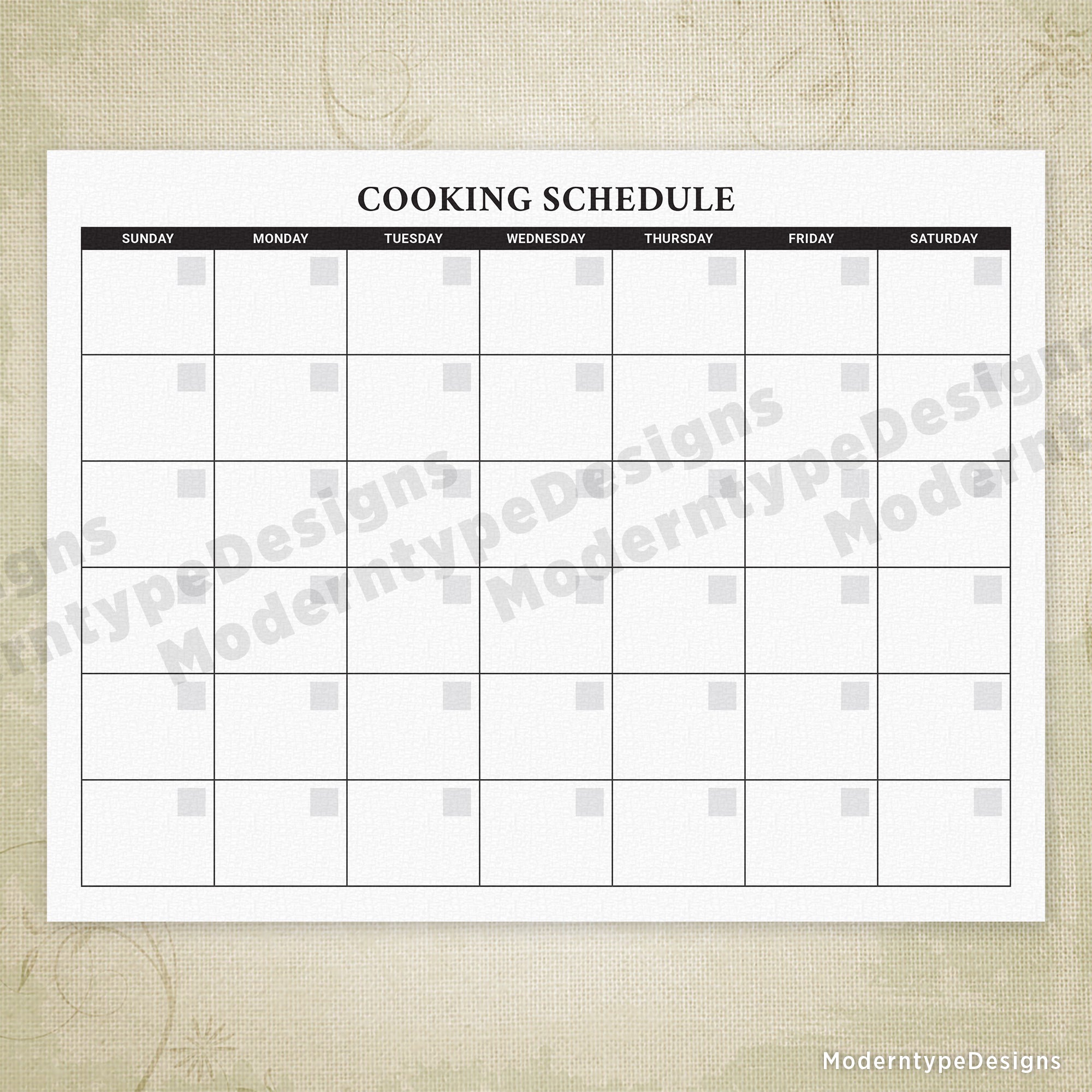 Cooking Schedule Calendar Printable