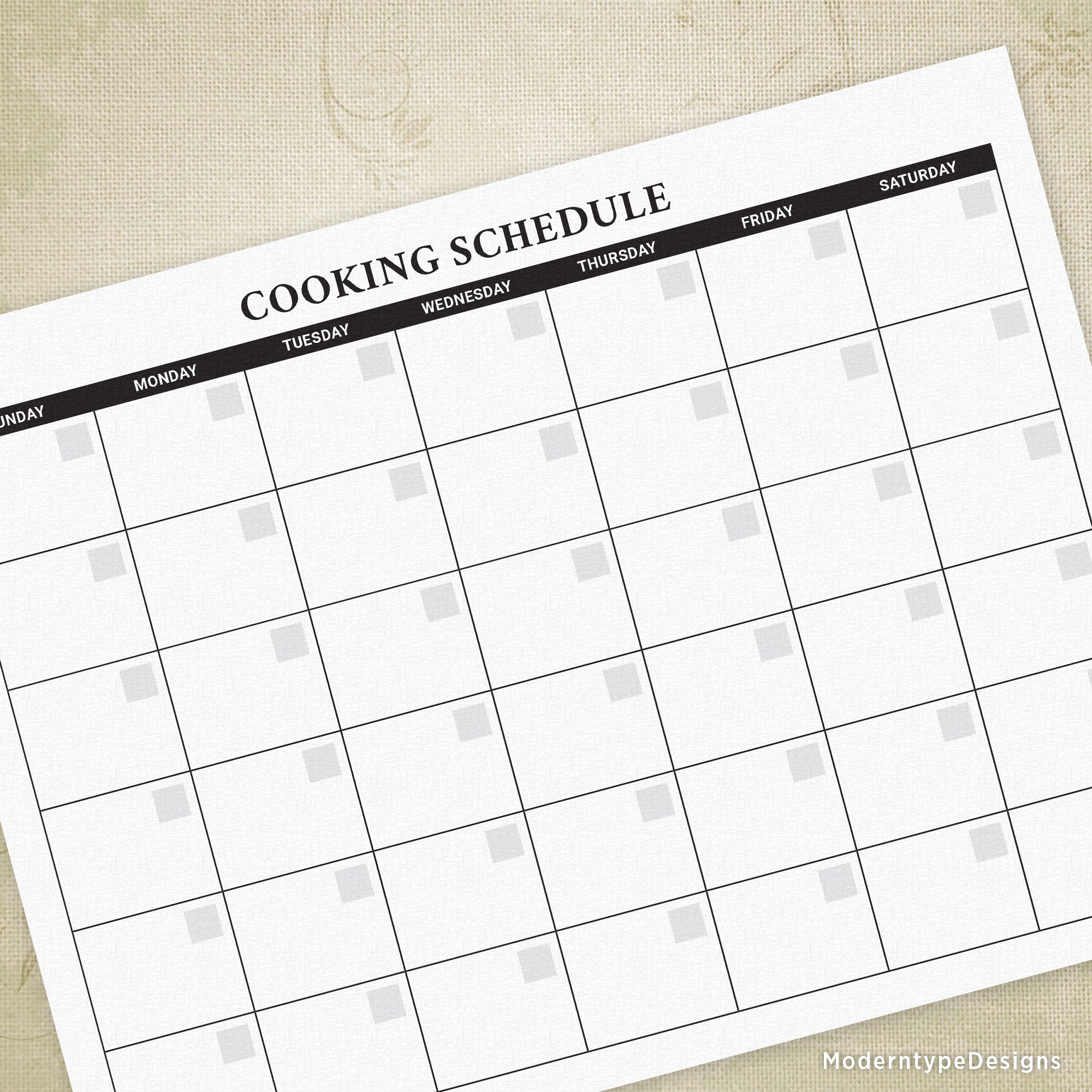 Cooking Schedule Calendar Printable