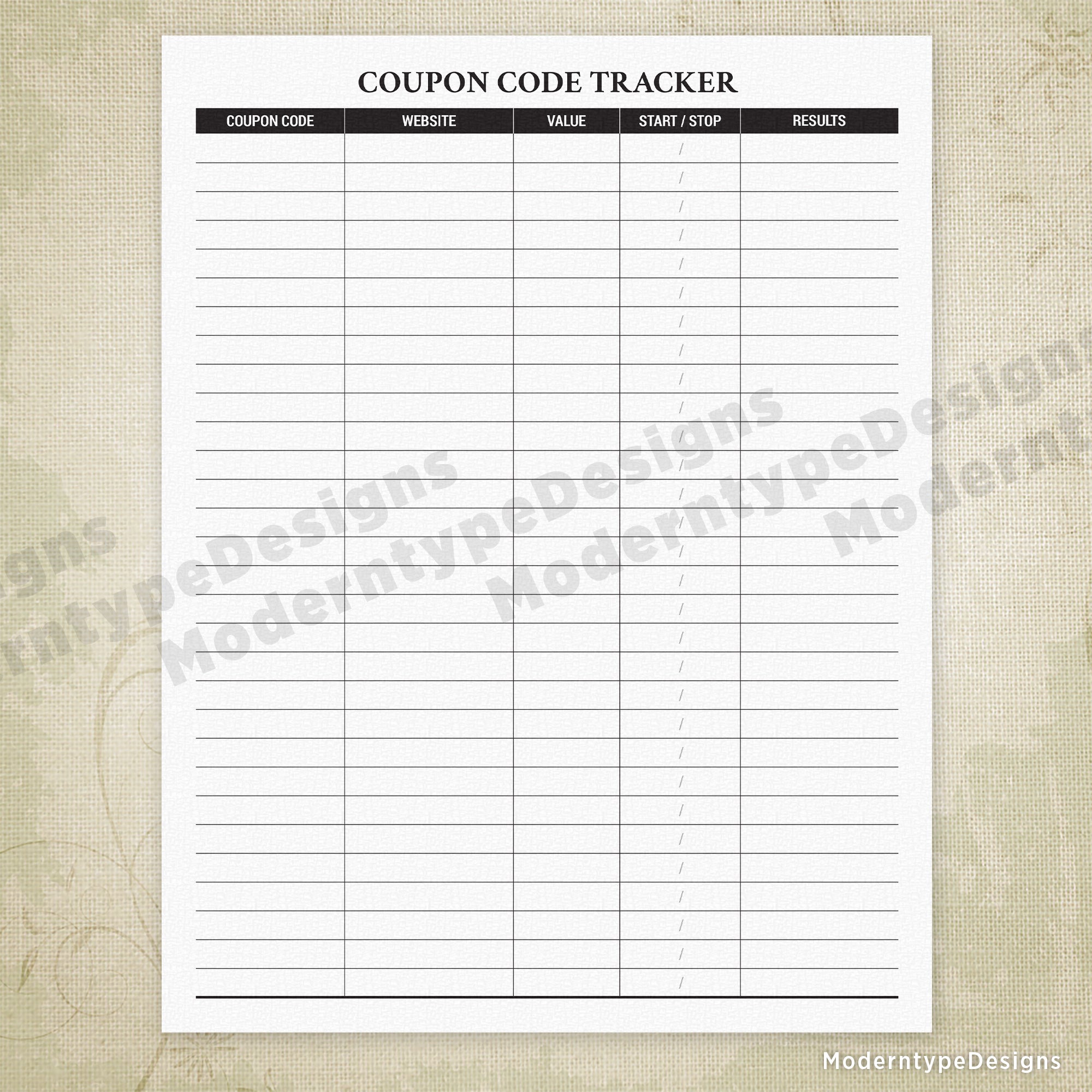 Coupon Code Tracker Printable