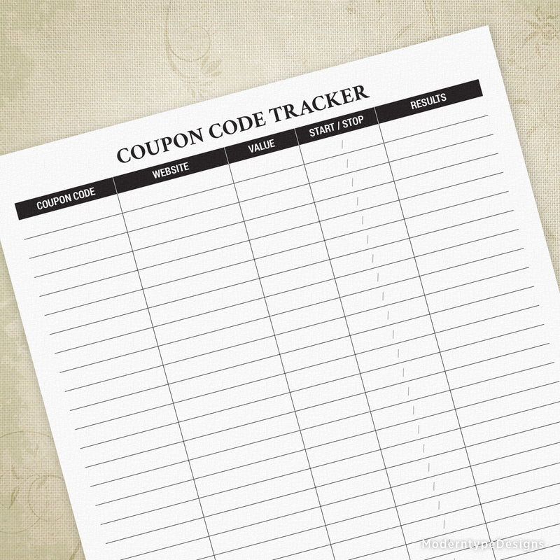 Coupon Code Tracker Printable