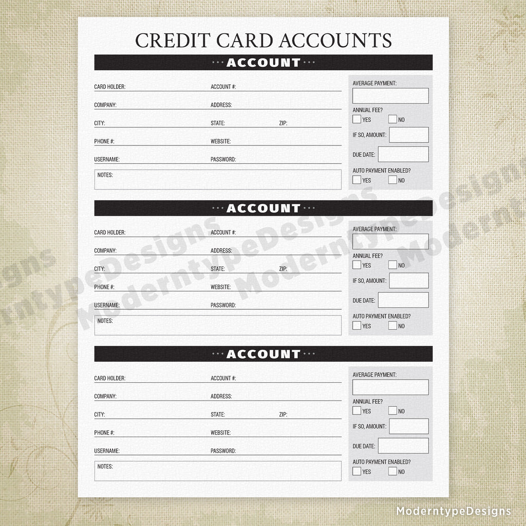 Account Cards Example Credit Card Accounts Printable - End of Life