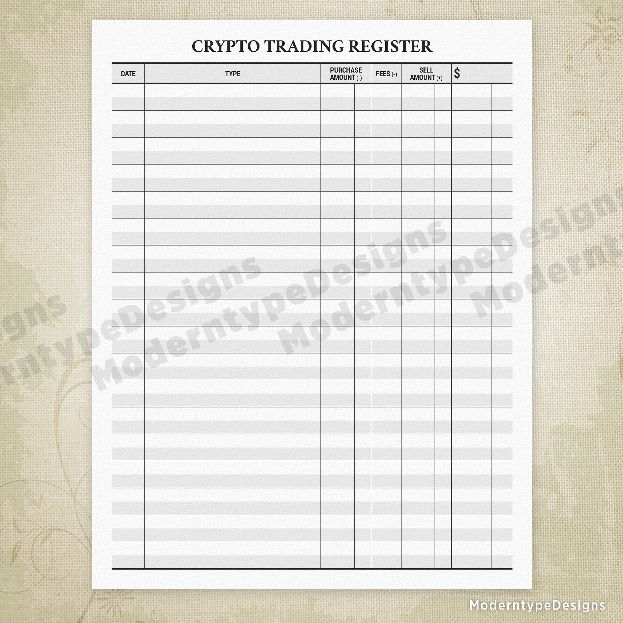 Cryptocurrency Trading Register Printable