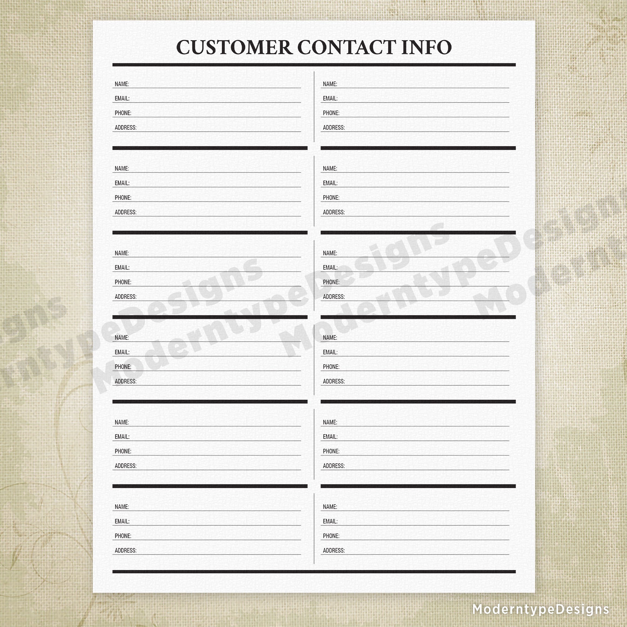 Customer Contact Info Printable