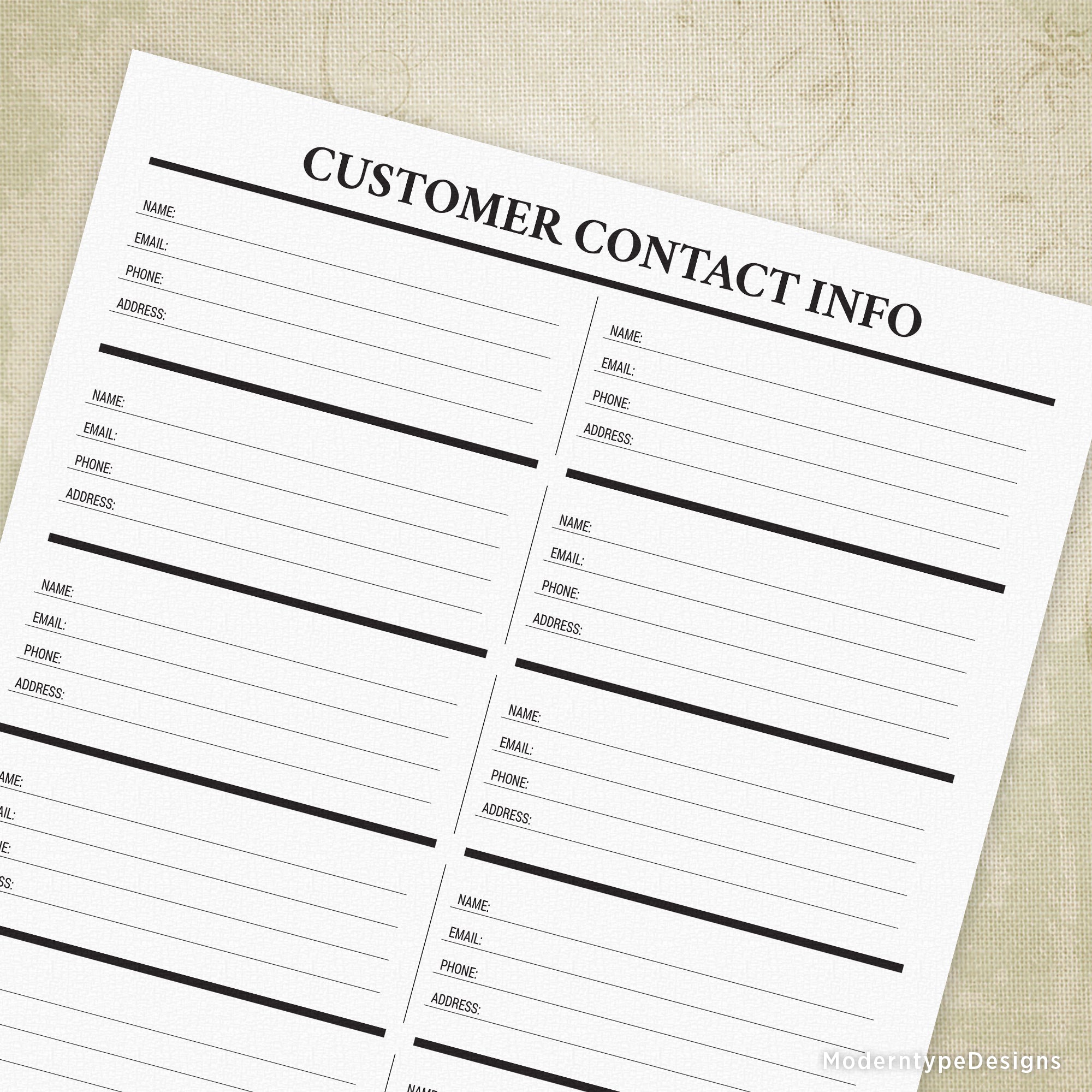 Customer Contact Info Printable