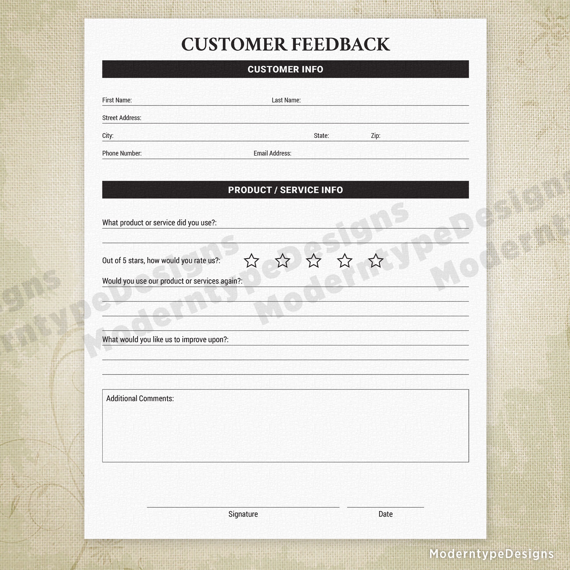 Customer Feedback Printable Form