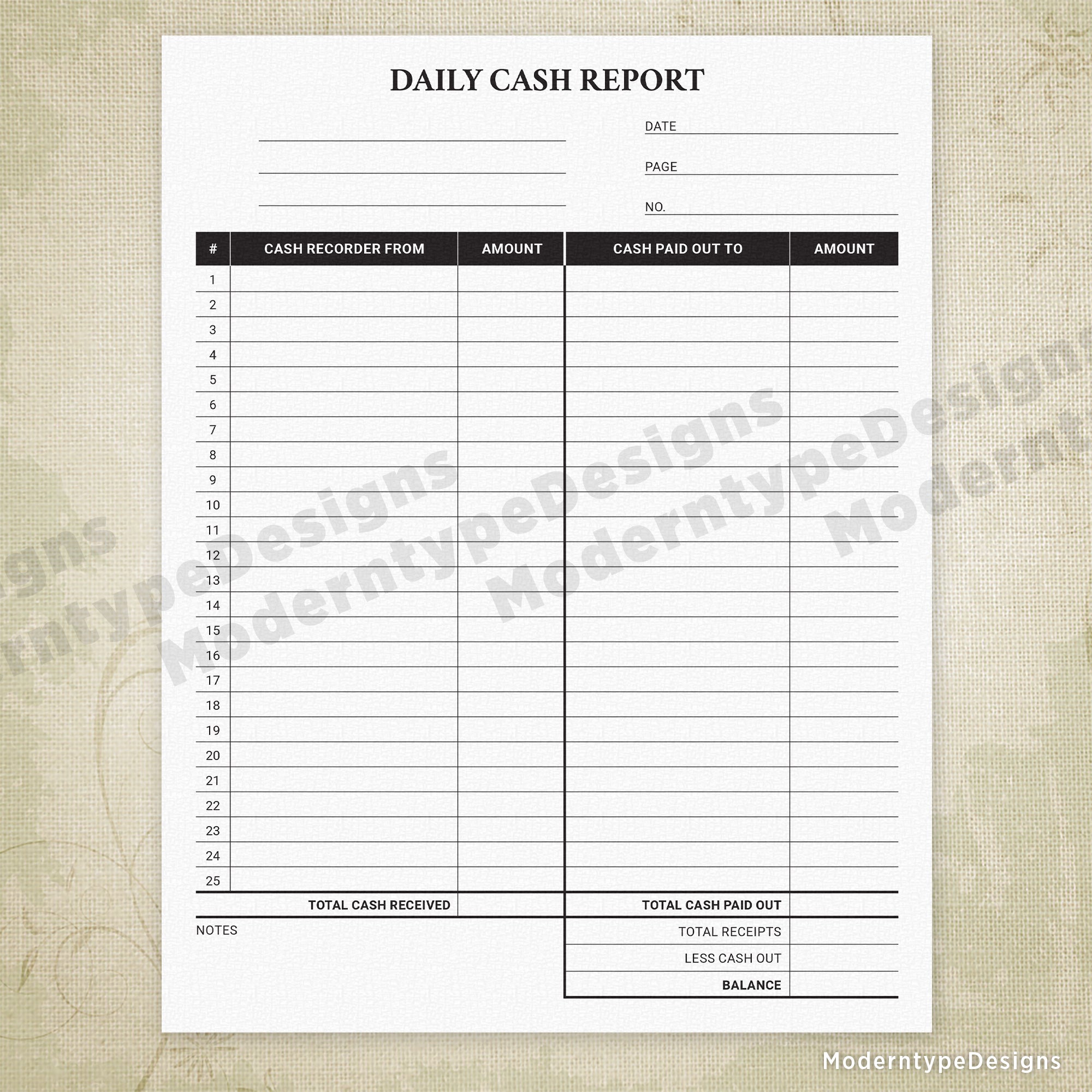 Daily Cash Report Printable Form