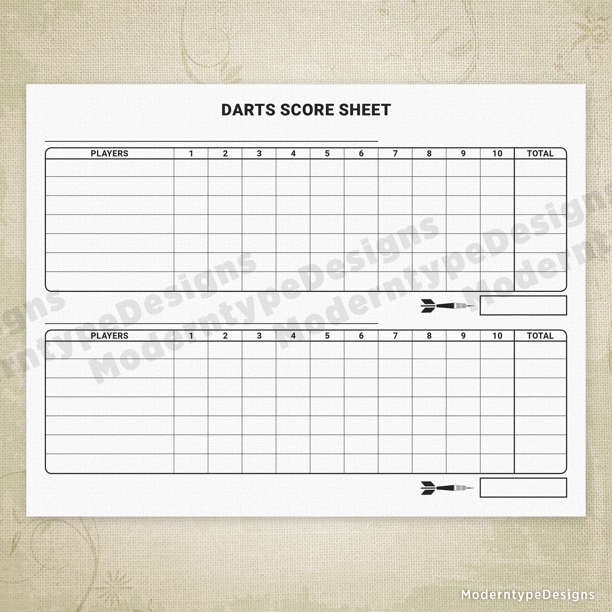 Darts Scoring Sheet Printable, 1 or 2 Games