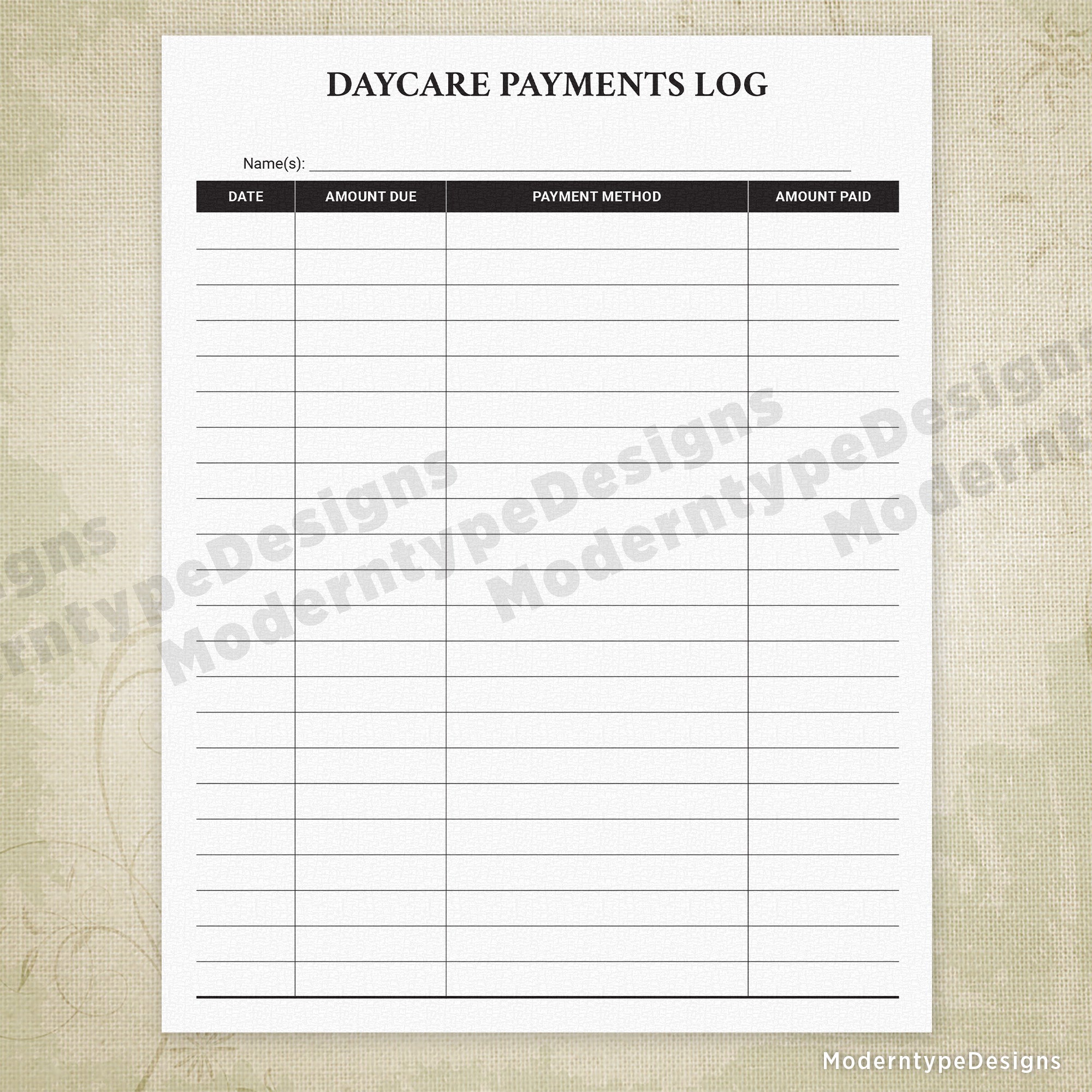 Daycare Payment Log Printable