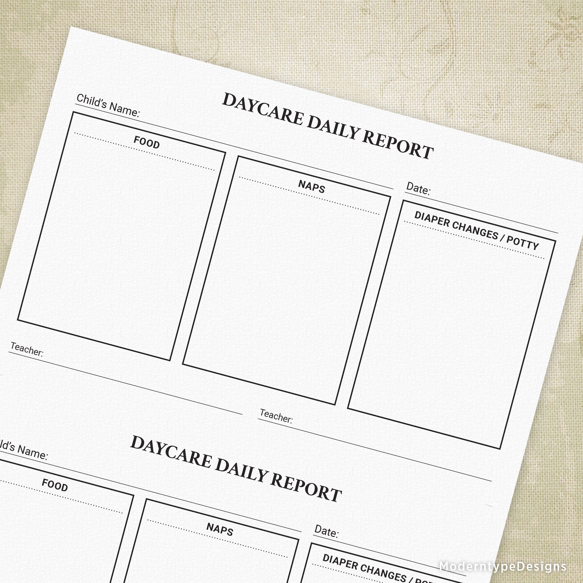 Daycare Child Report Printable, 8.5 x 5.5, Half Sheet