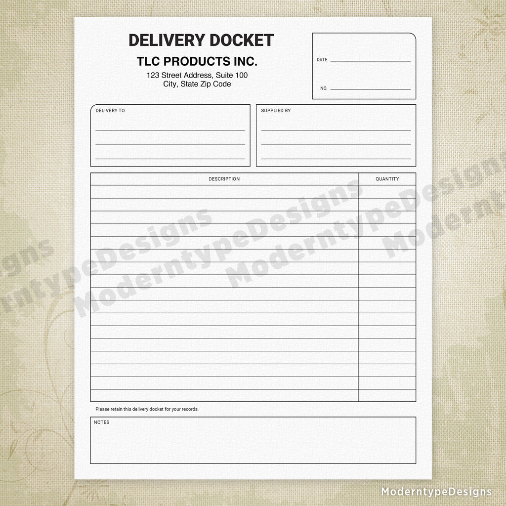 Delivery Docket Printable Form with Lines, Personalized, #1