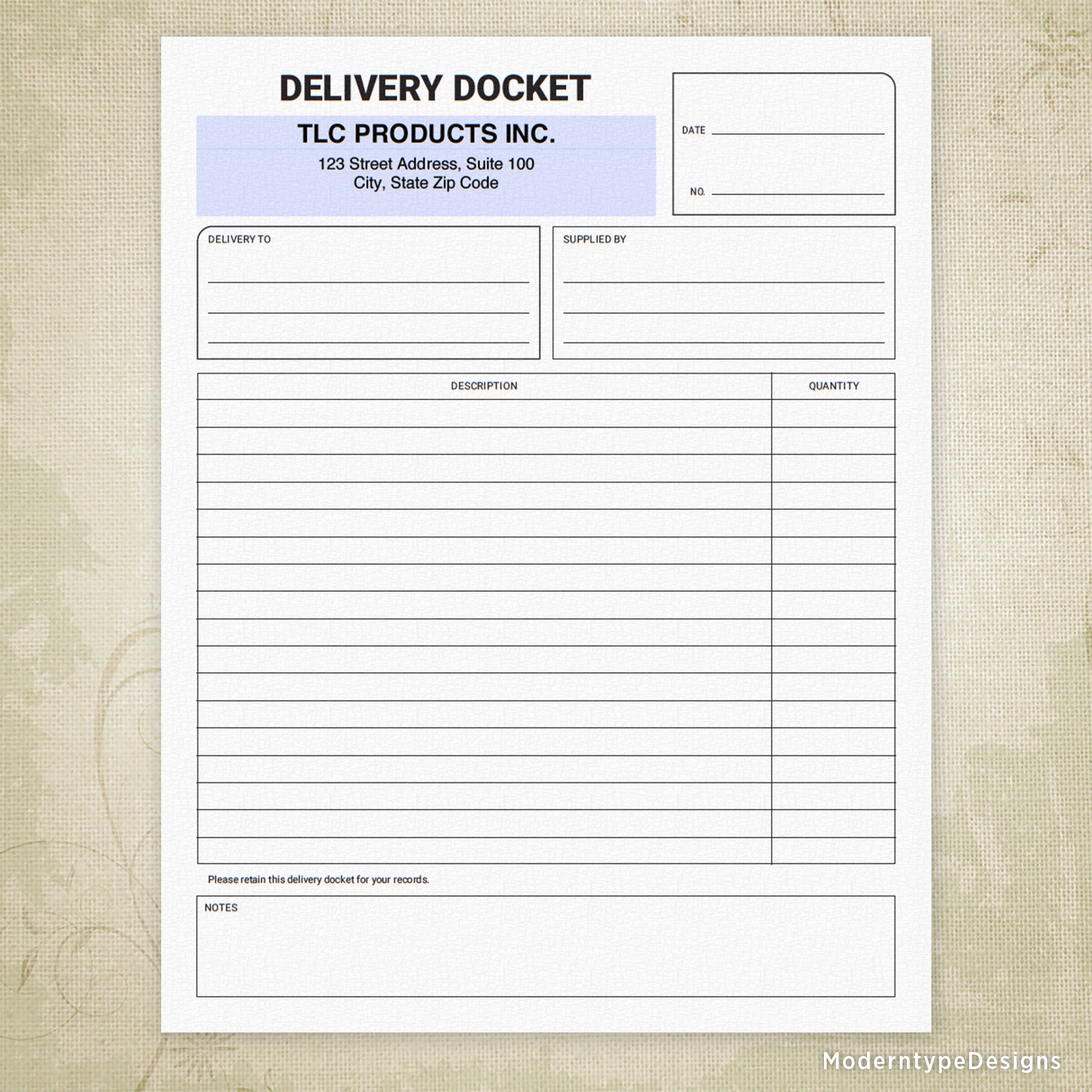 Delivery Docket Printable Form with Lines, Personalized, #1