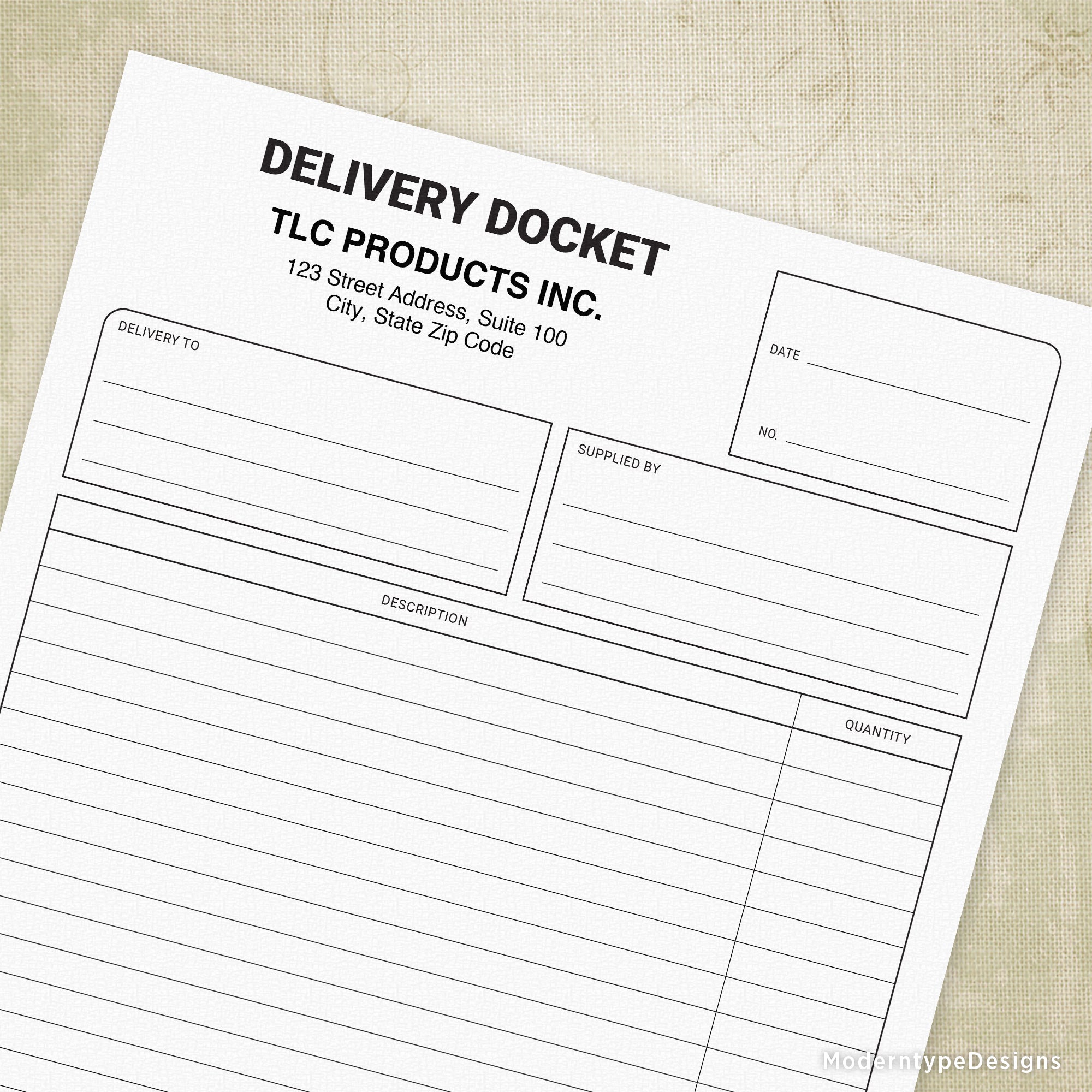 Delivery Docket Printable Form with Lines, Personalized, #1