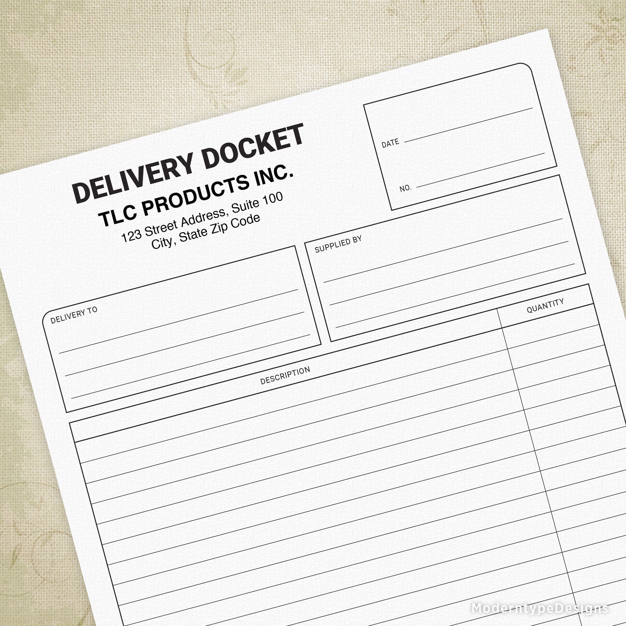 Delivery Docket Printable Form with Lines, Editable, #2