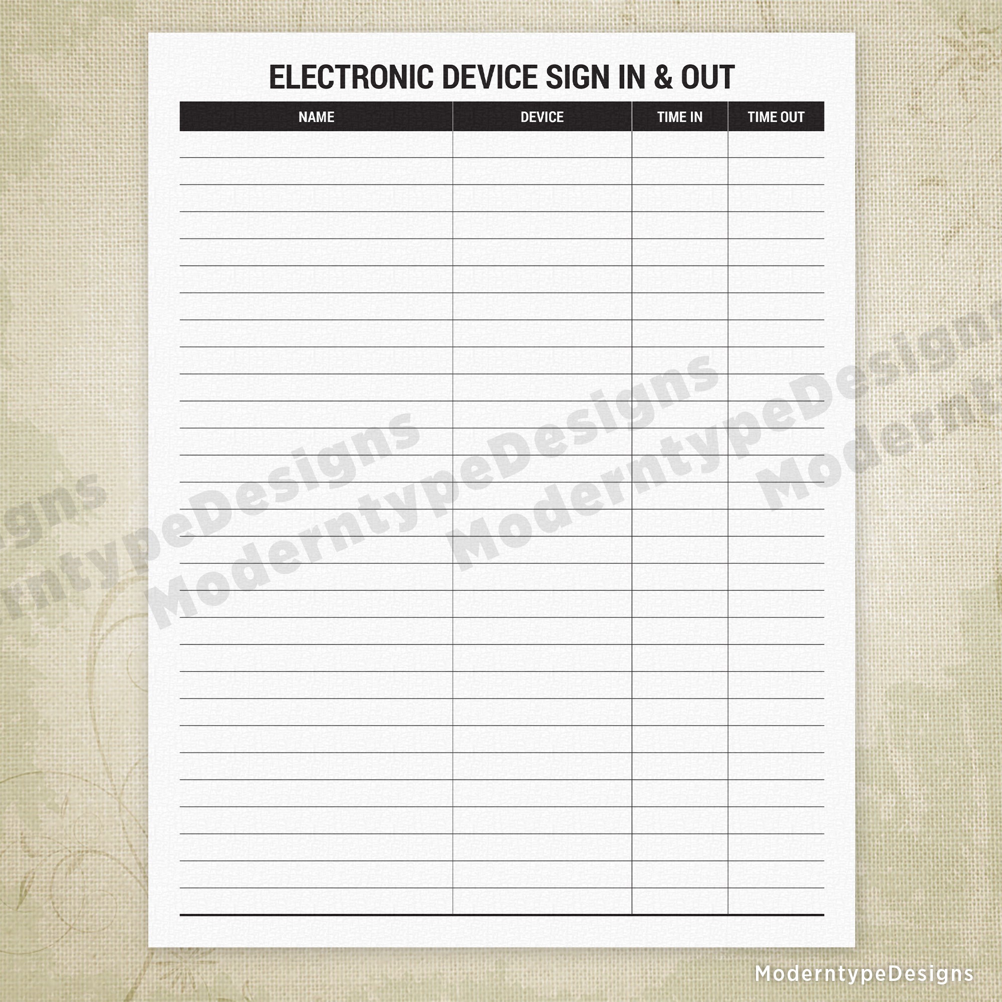 Electronic Device Sign In & Out Printable Form