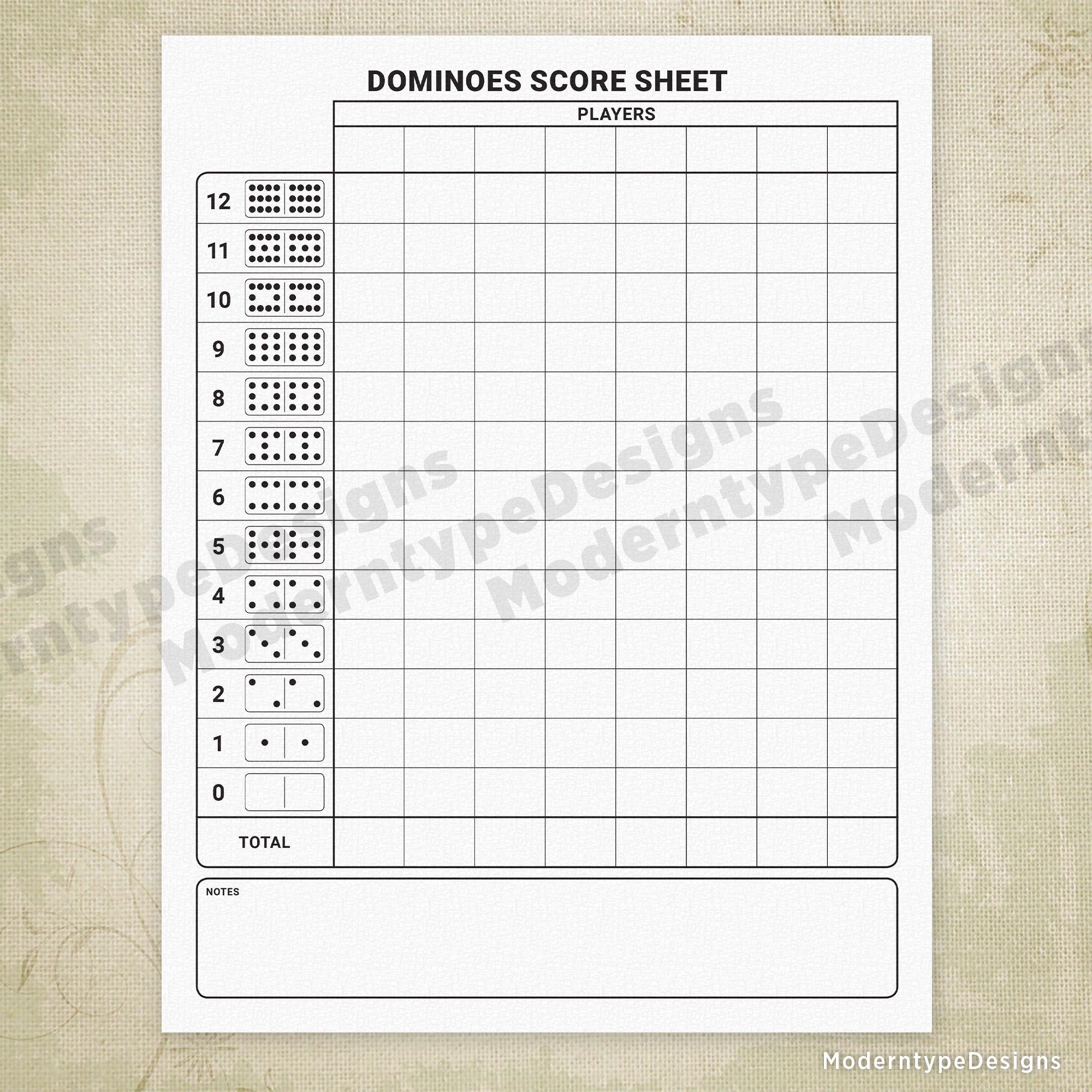 Dominoes Scoring Sheet Printable