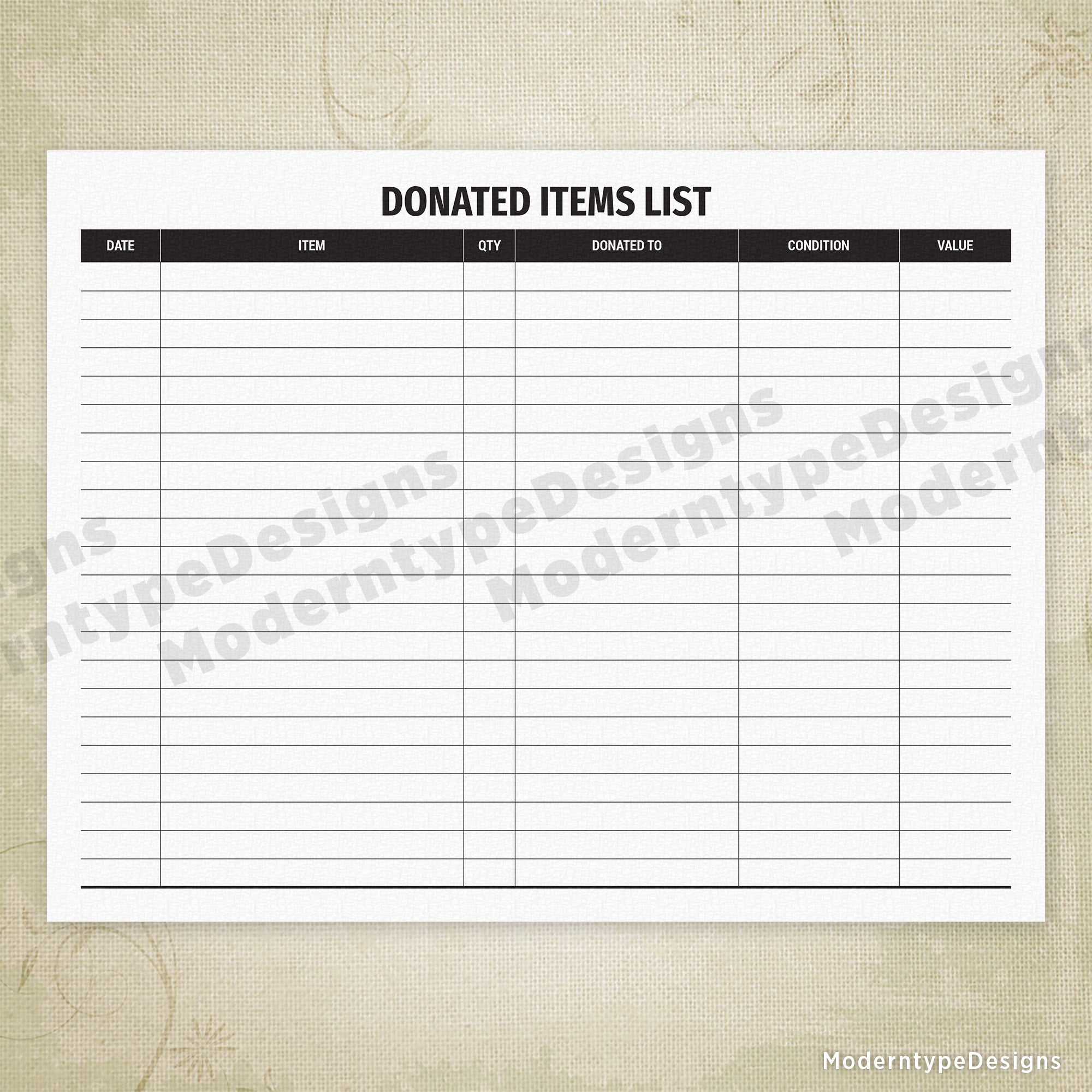 Donated Items List Printable