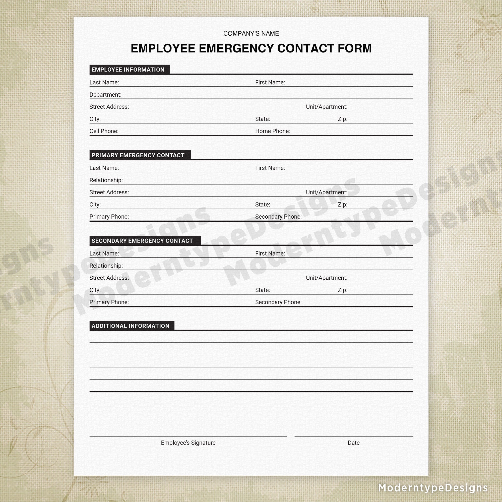 Emergency Contact Printable Form, Personalized