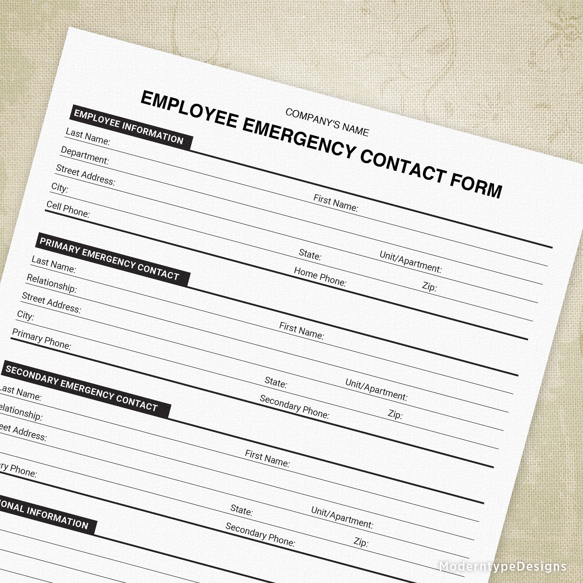 Emergency Contact Printable Form, Personalized