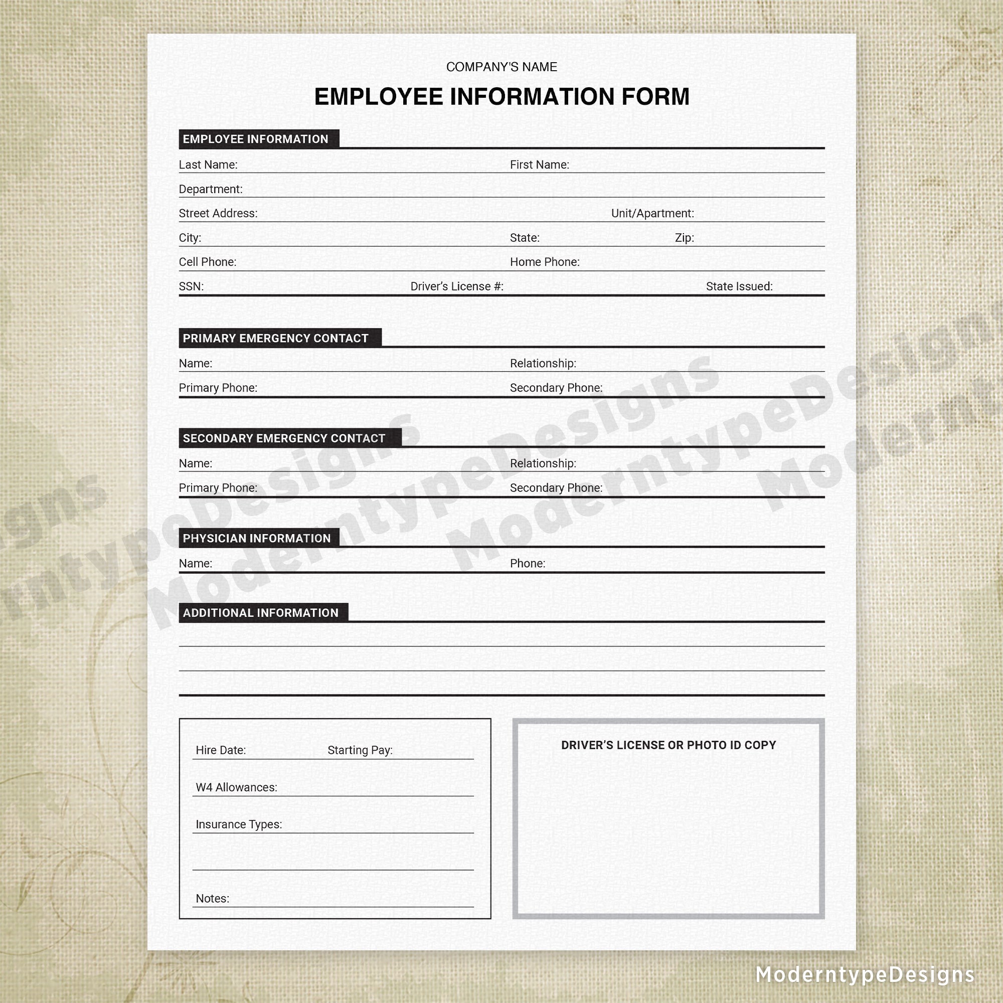 Employee Information Printable Form, Personalized