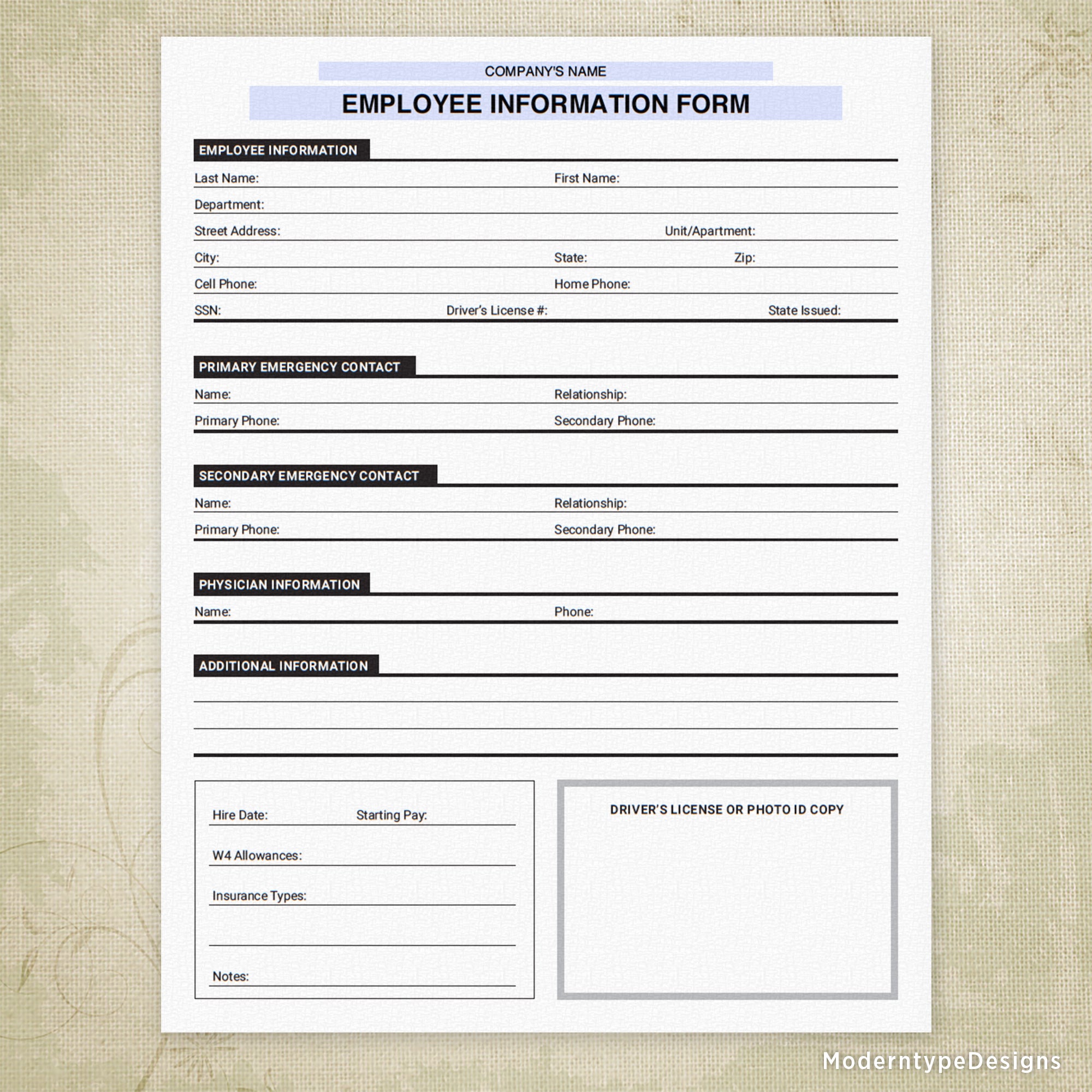 Employee Information Printable Form, Personalized