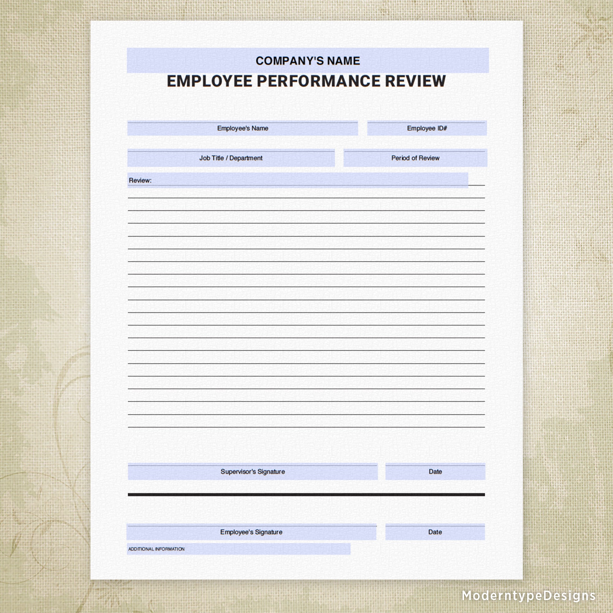 Employee Performance Review Printable, Personalized
