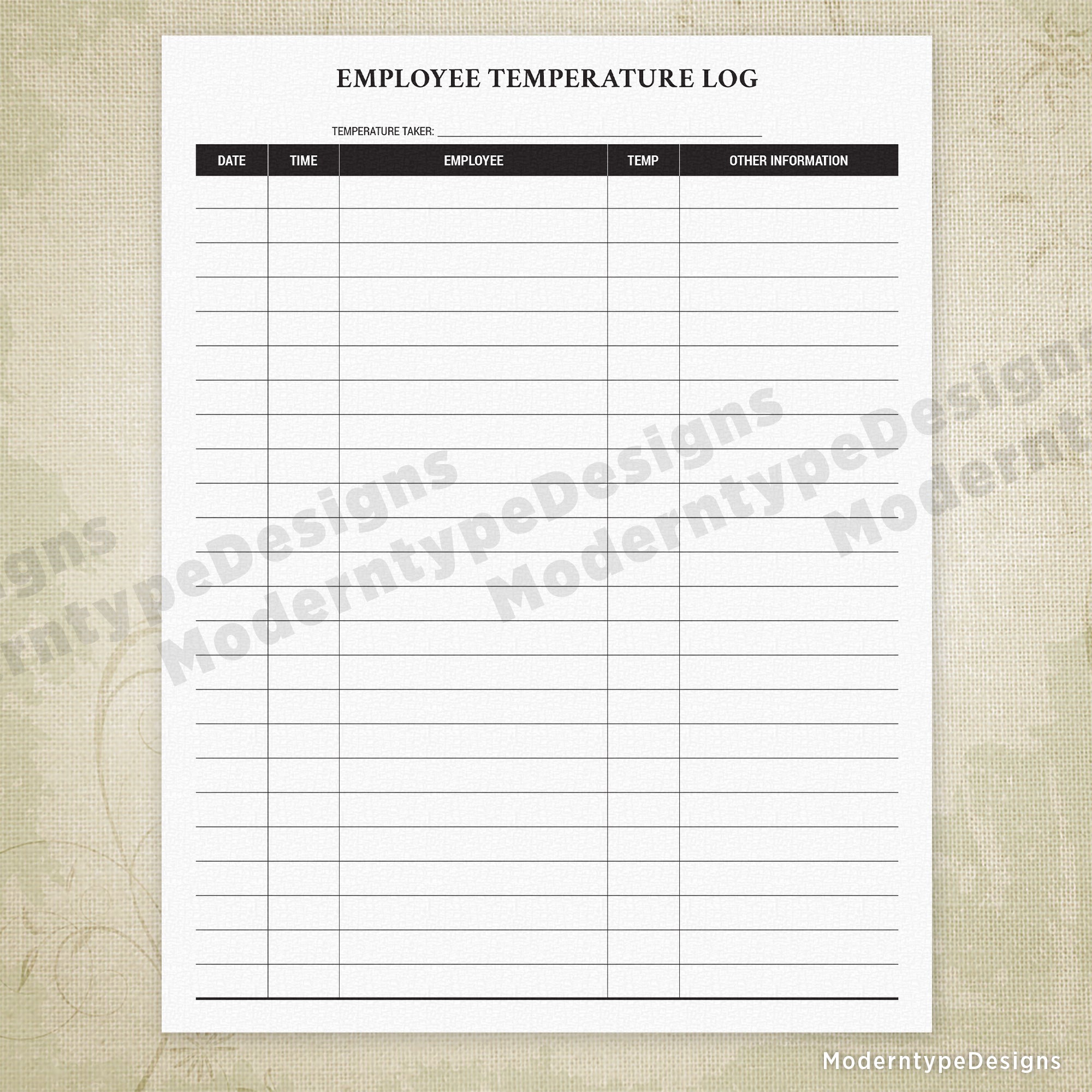 Employee Temperature Log Printable Form