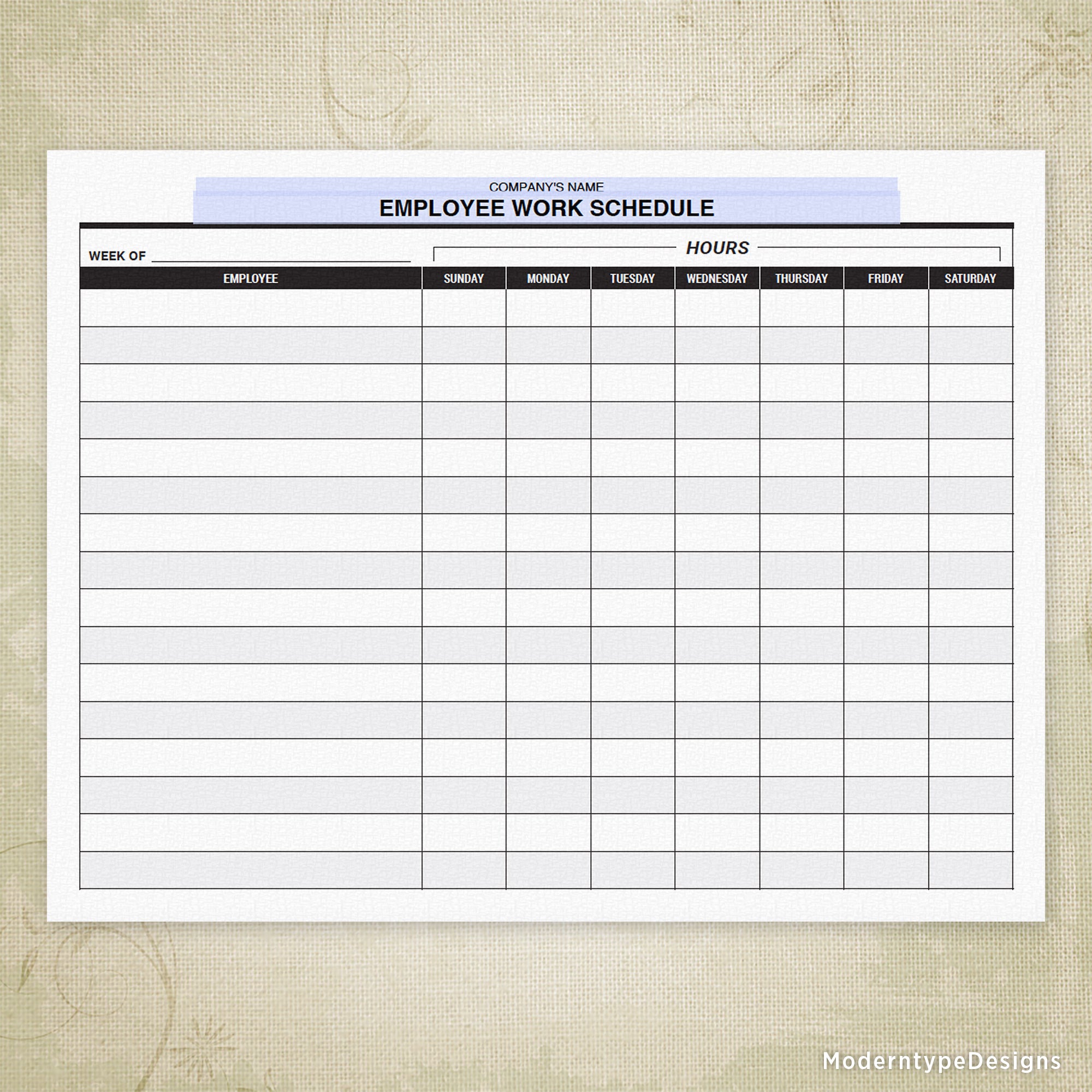 Employee Work Schedule Printable Form, Personalized