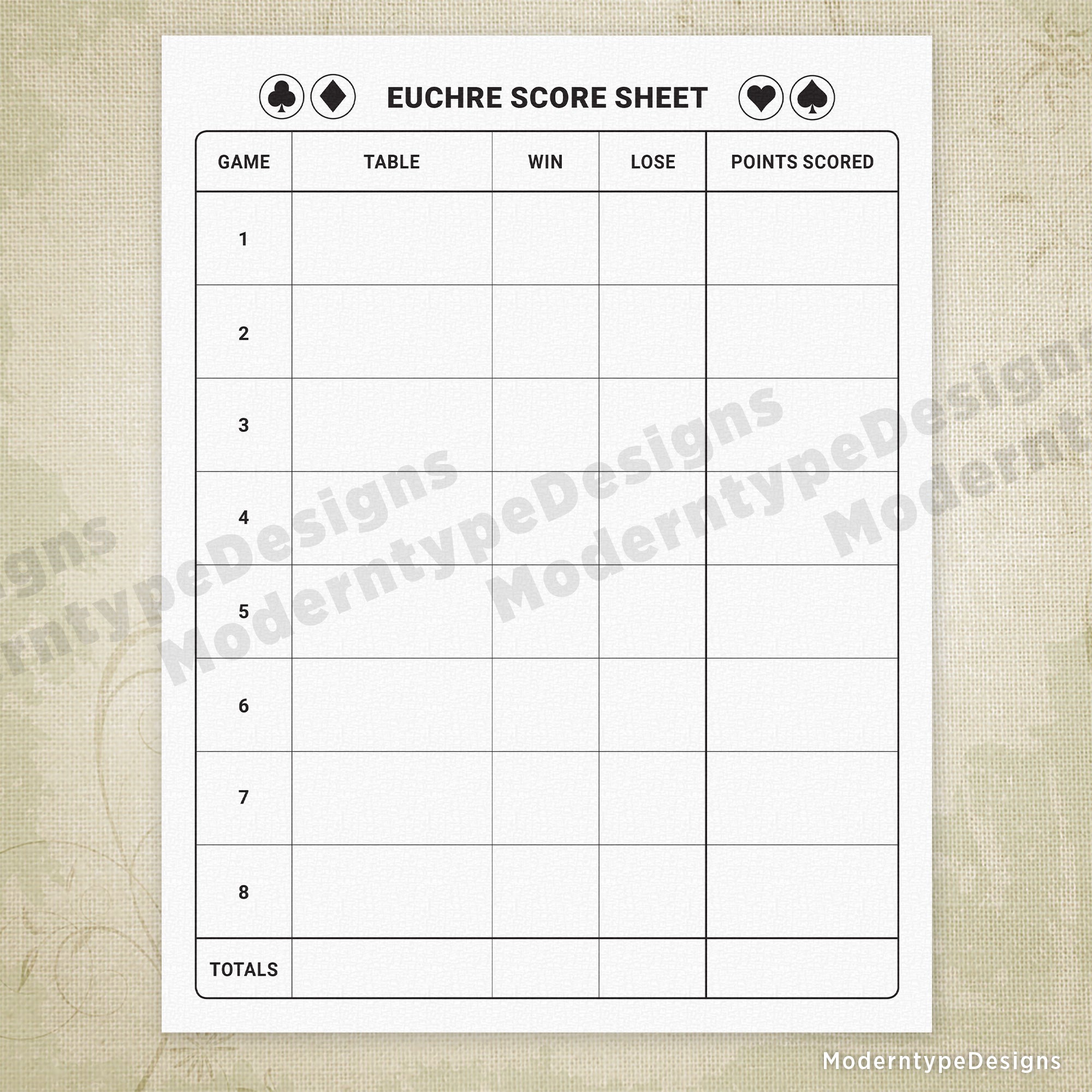 euchre score sheet printable