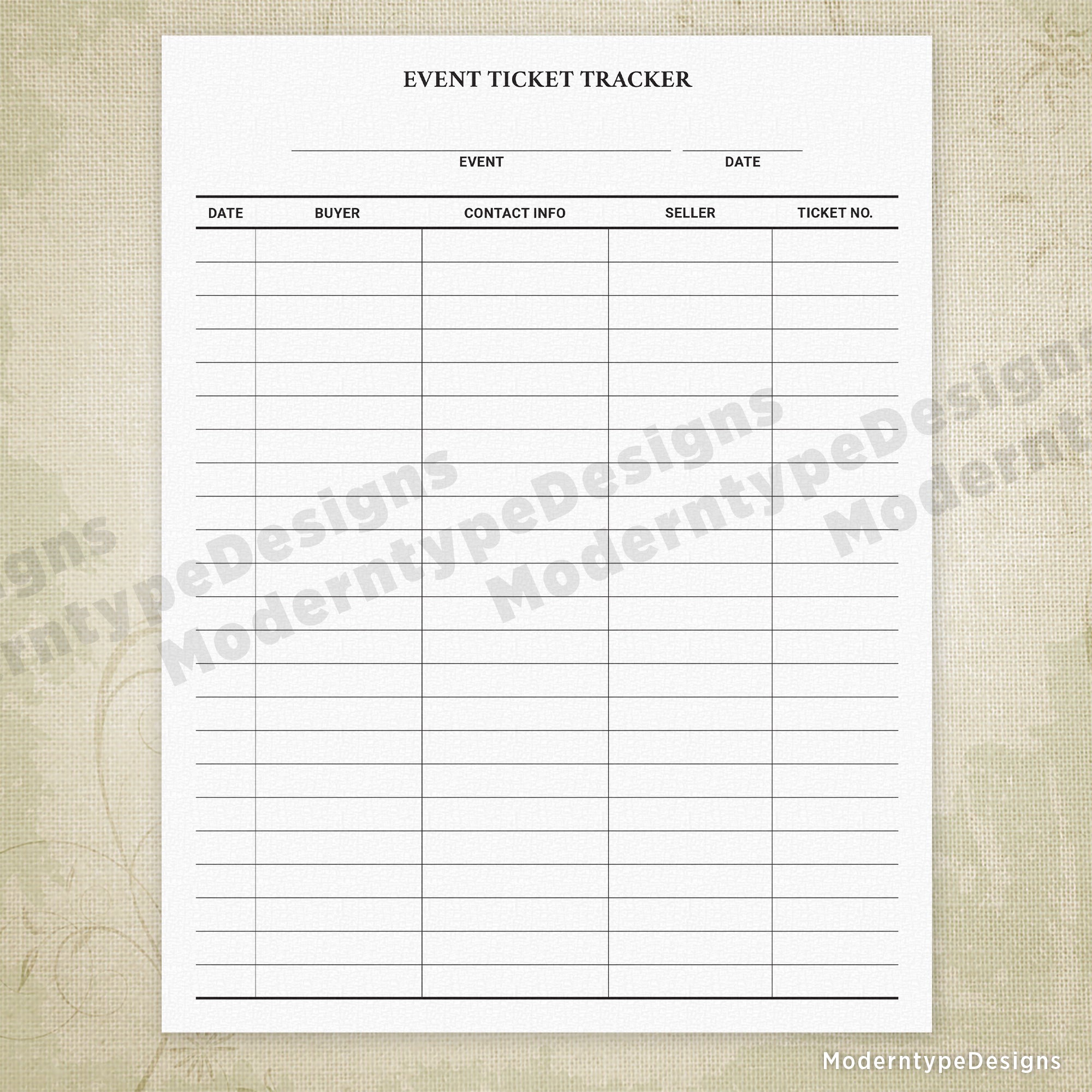Event Ticket Tracker Printable Form