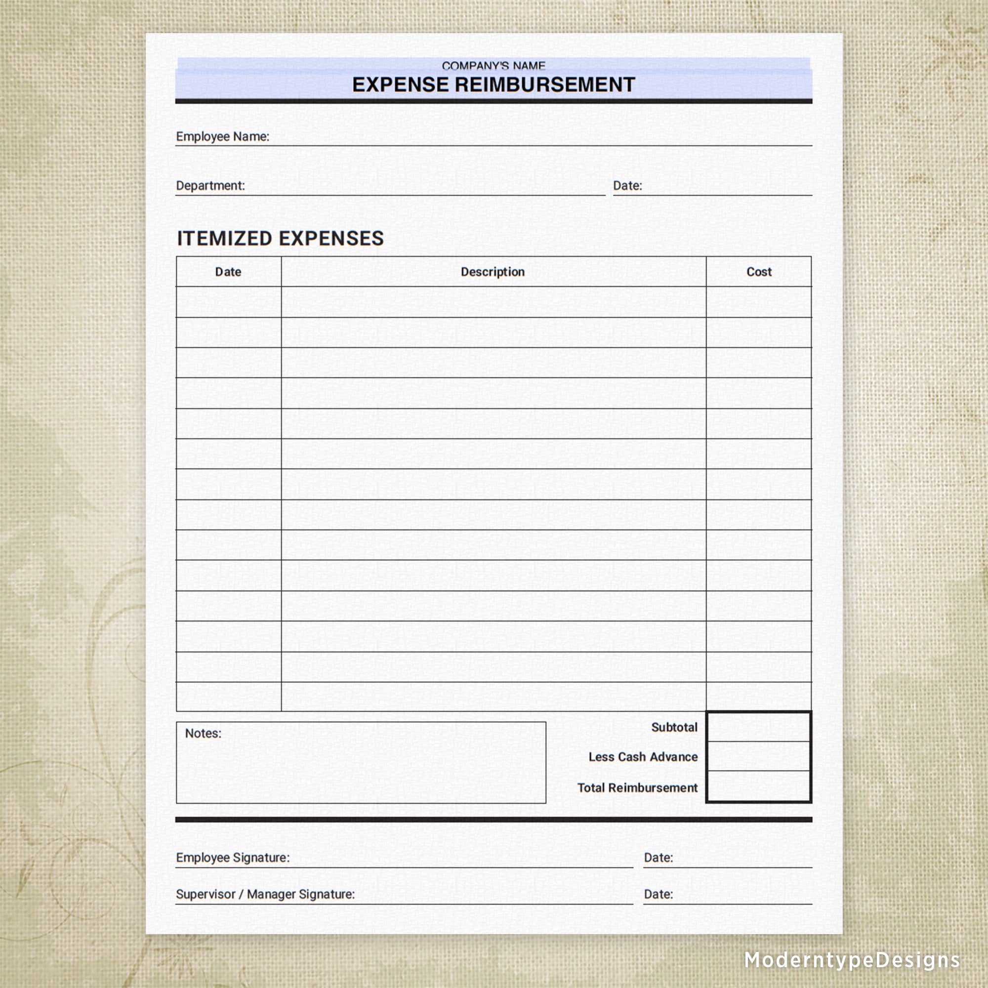 Expense Reimbursement Printable Form, Personalized, #1