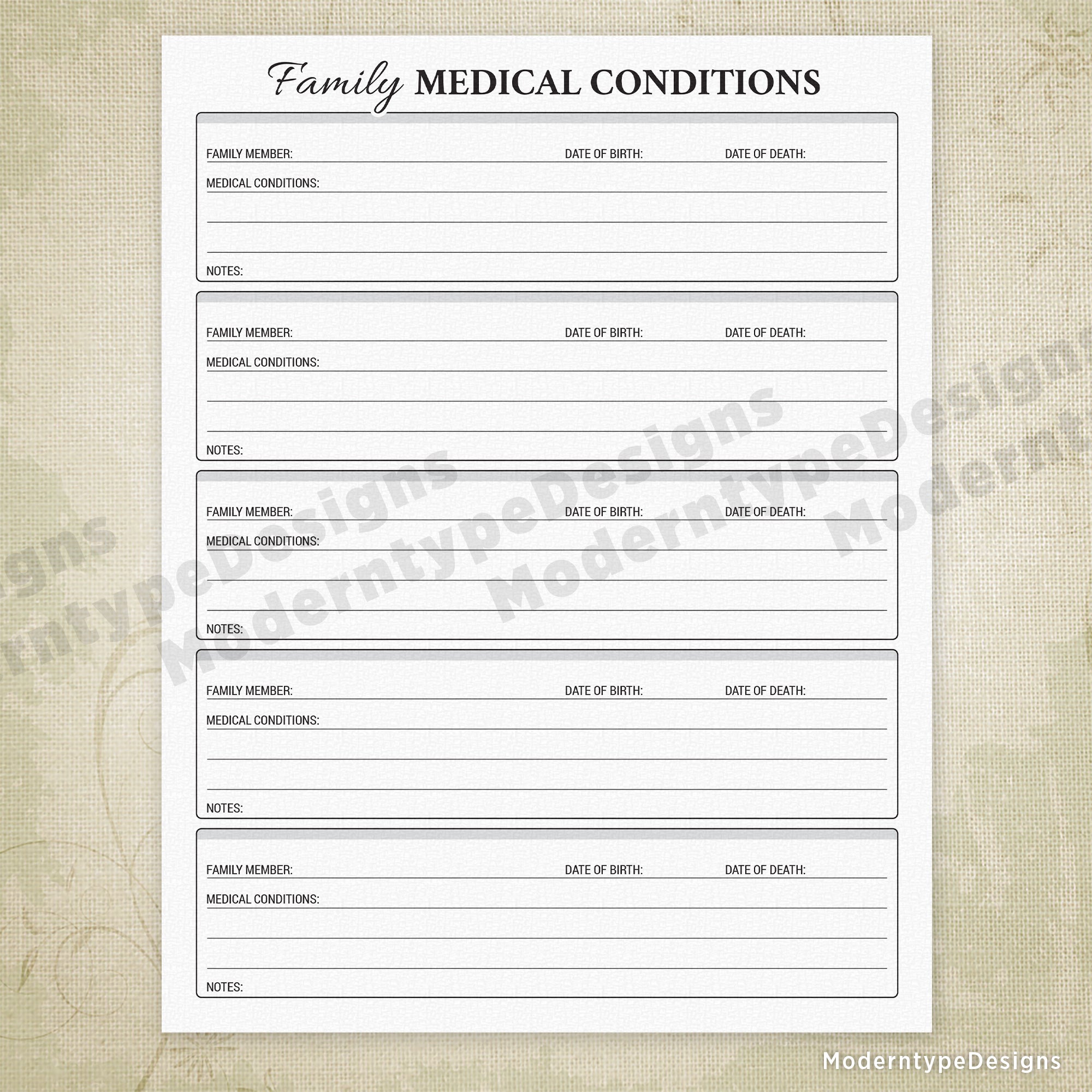 Family Medical Conditions Log Printable