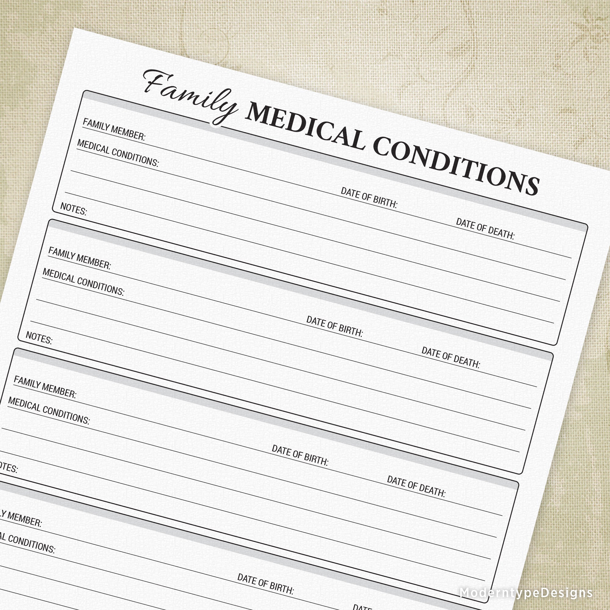 Family Medical Conditions Log Printable