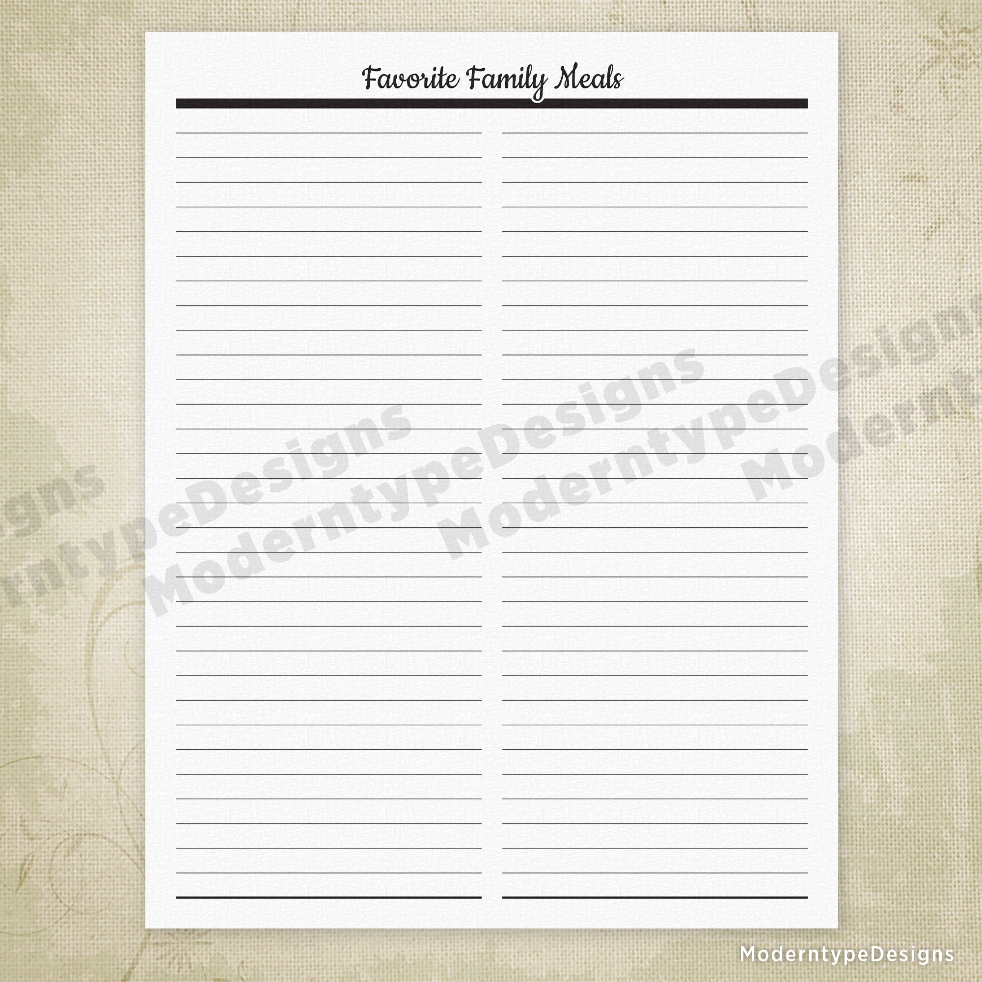 Favorite Family Meals Printable