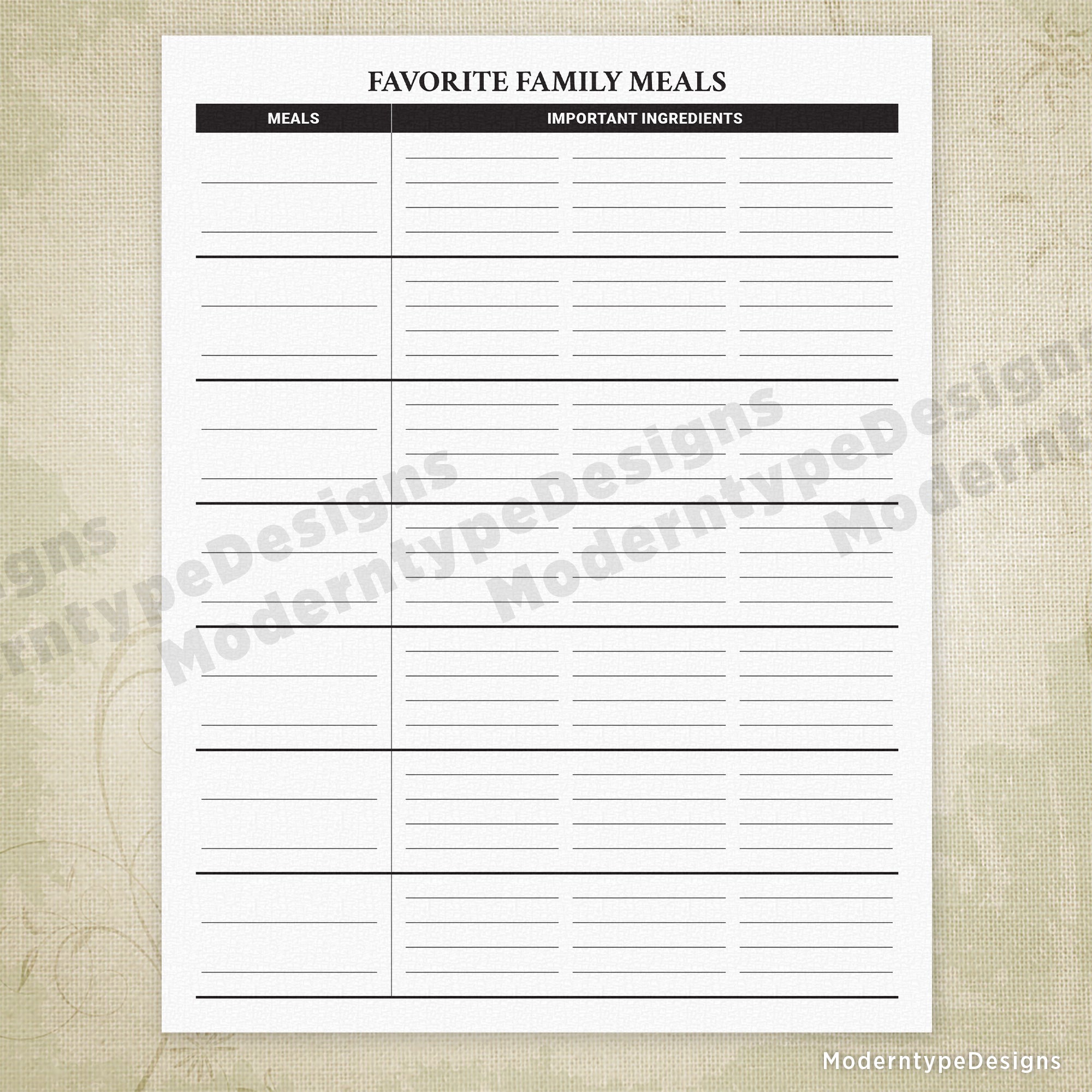 Favorite Family Meals Printable with Lines