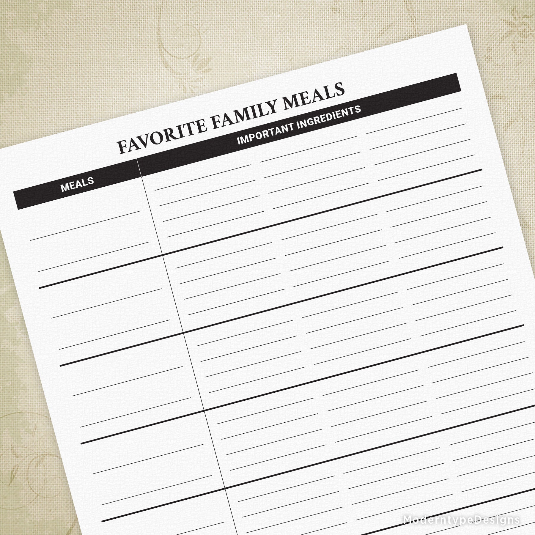 Favorite Family Meals Printable with Lines