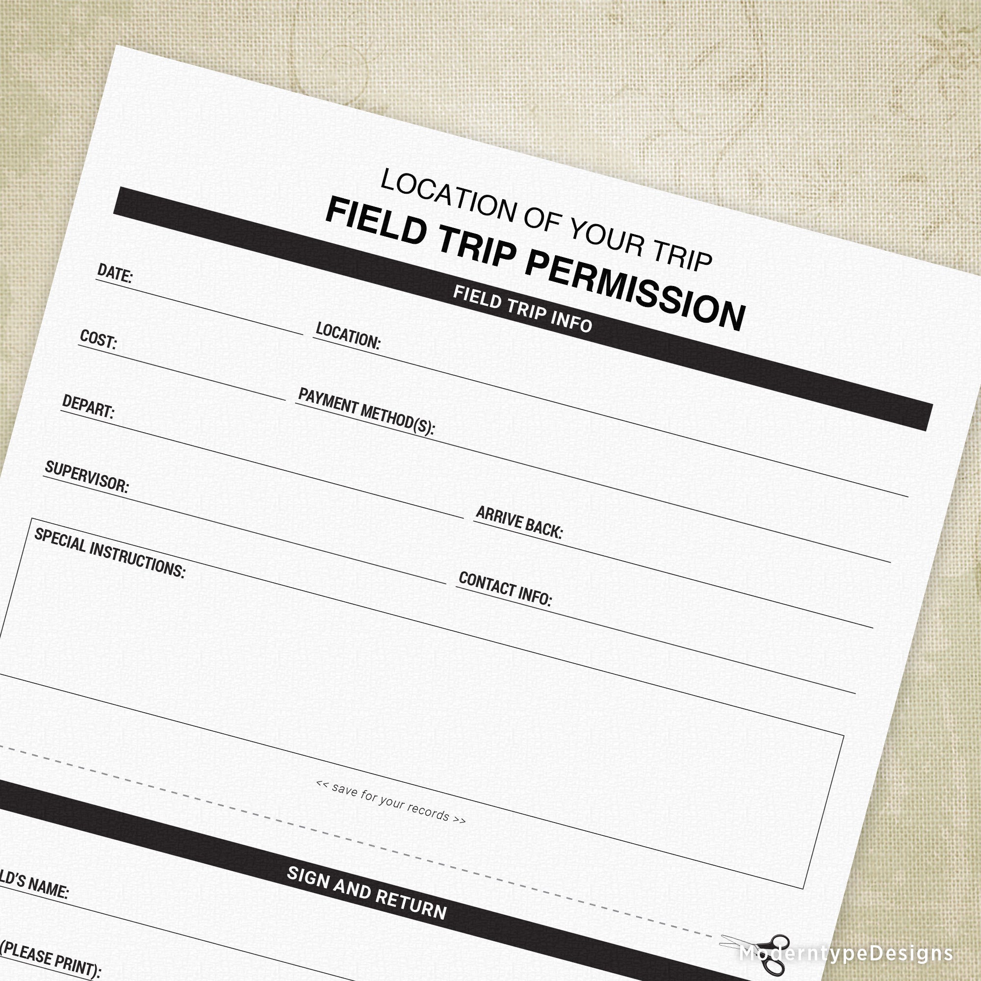 Field Trip Permission Printable, Editable