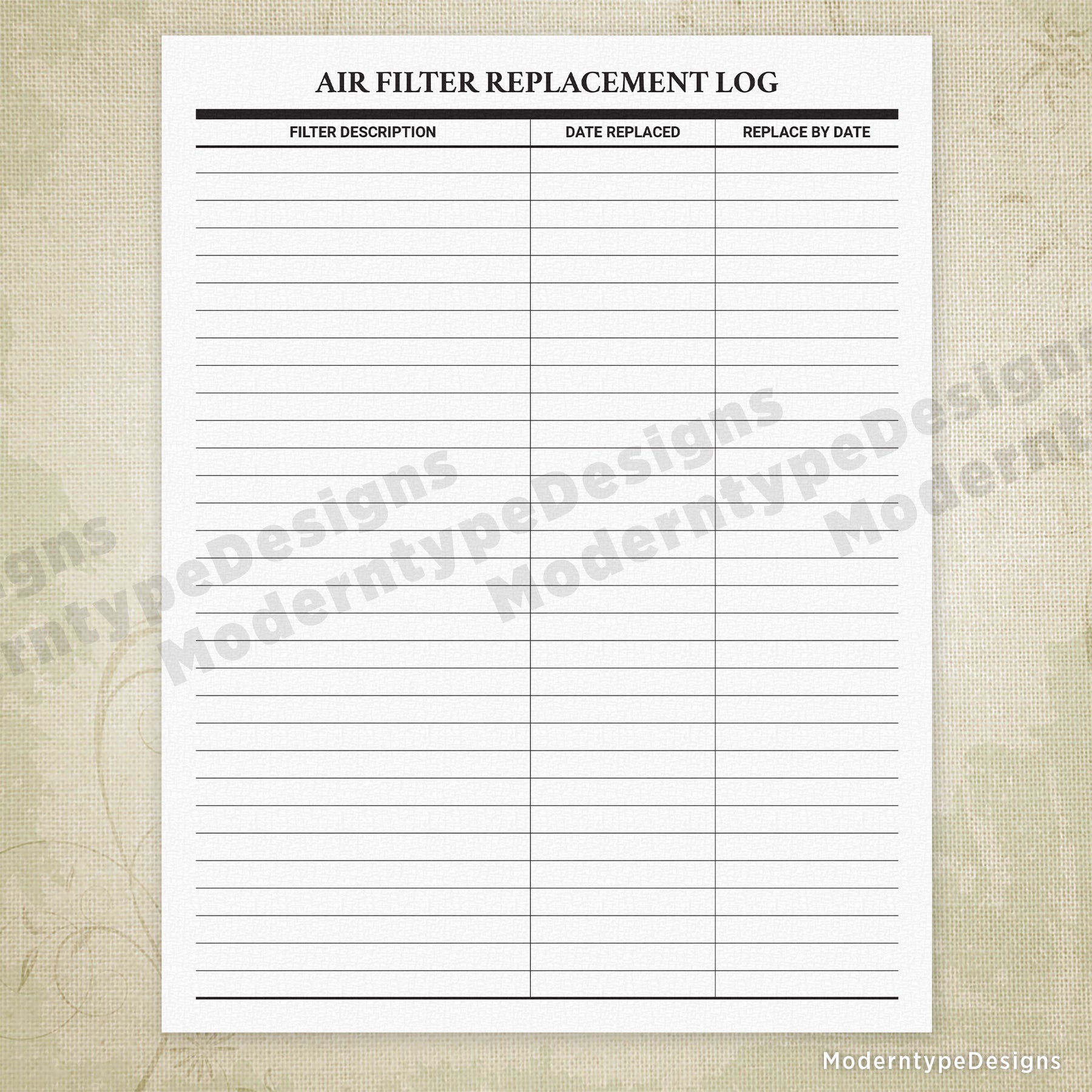 Air Filter Log Printable Form
