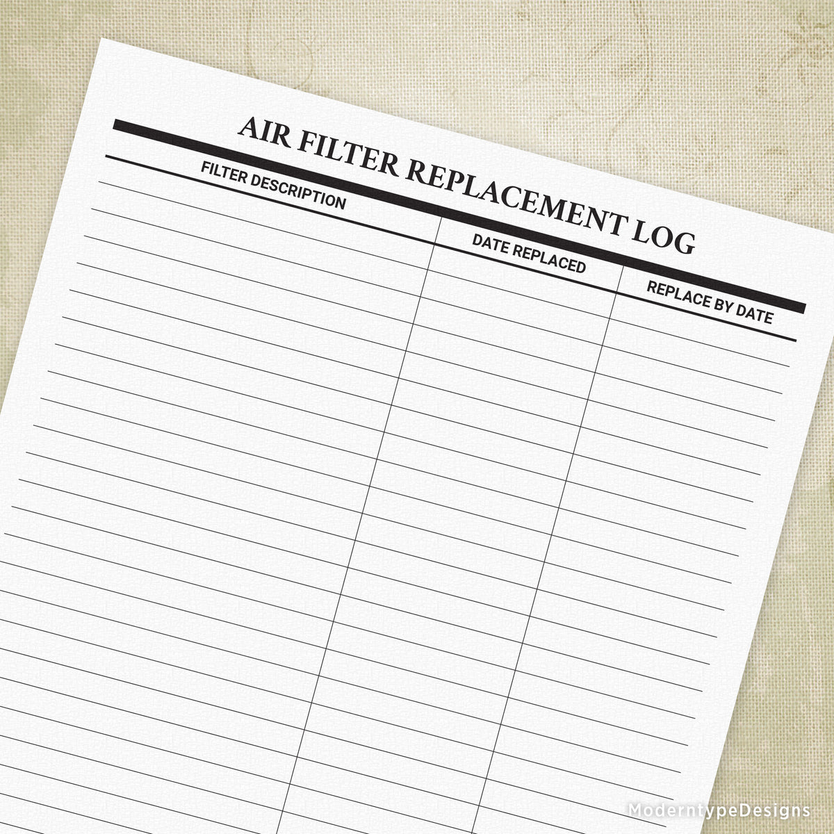 Air filter replacement log with filter description, replacement date, and next replacement date fields