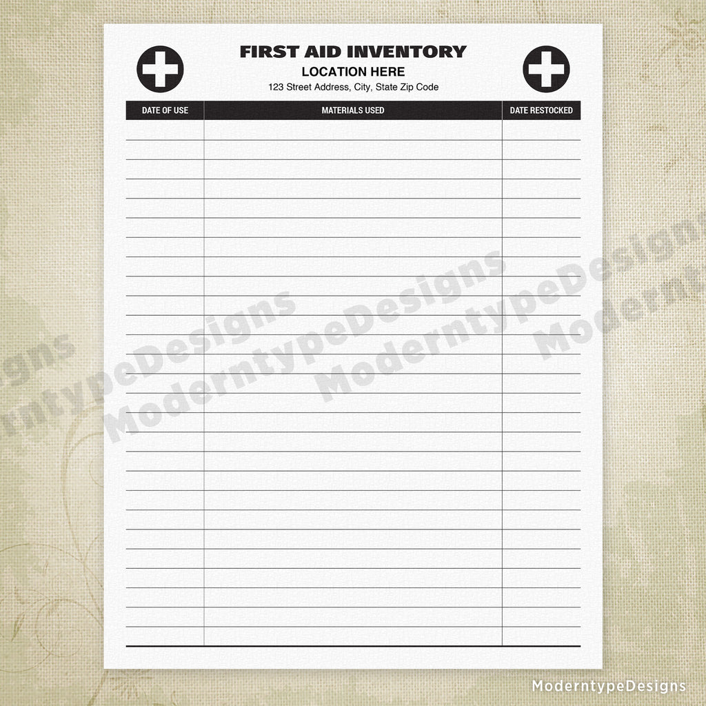 First Aid Inventory Log Printable, Personalized