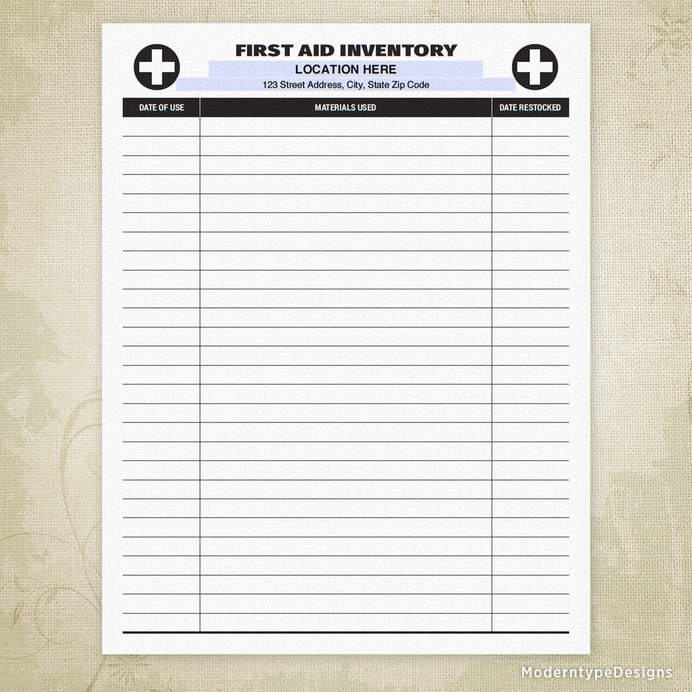 First Aid Inventory Log Printable, Personalized