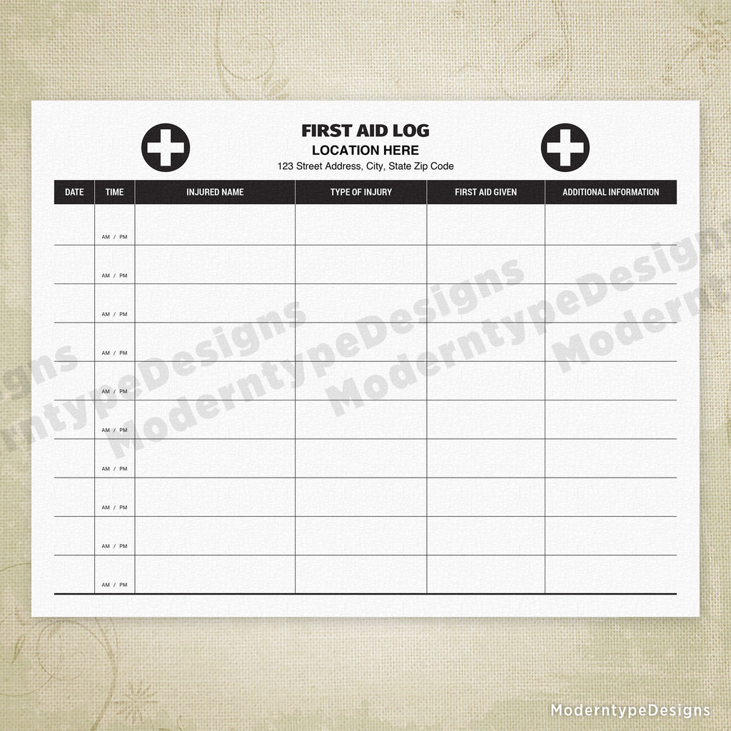 First Aid Log Printable, Personalized