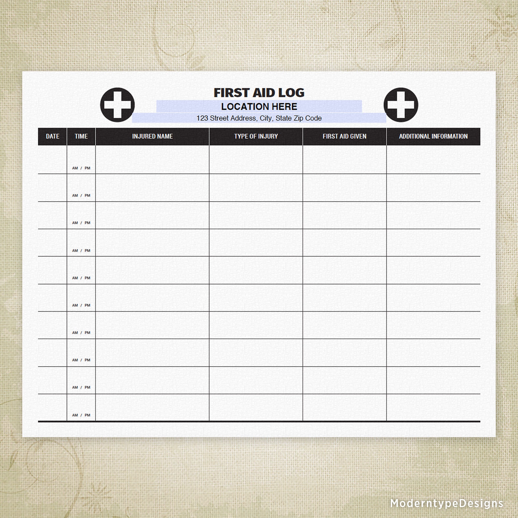 First Aid Log Printable, Personalized